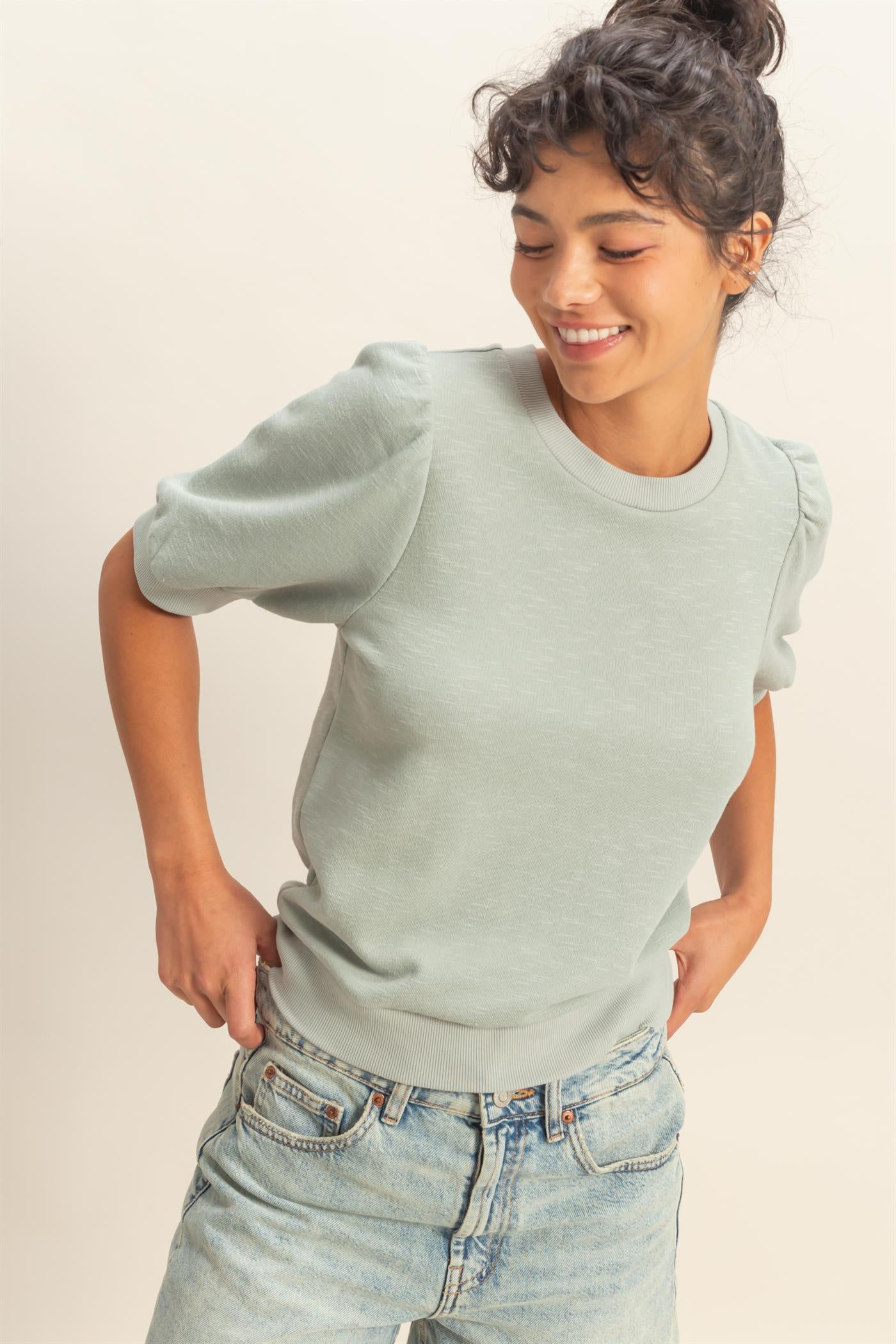 Wholesale Puff Short Sleeve Crew Neck Top Clothing Tops DZ26A927 SAGE GREEN DOUBLE ZERO