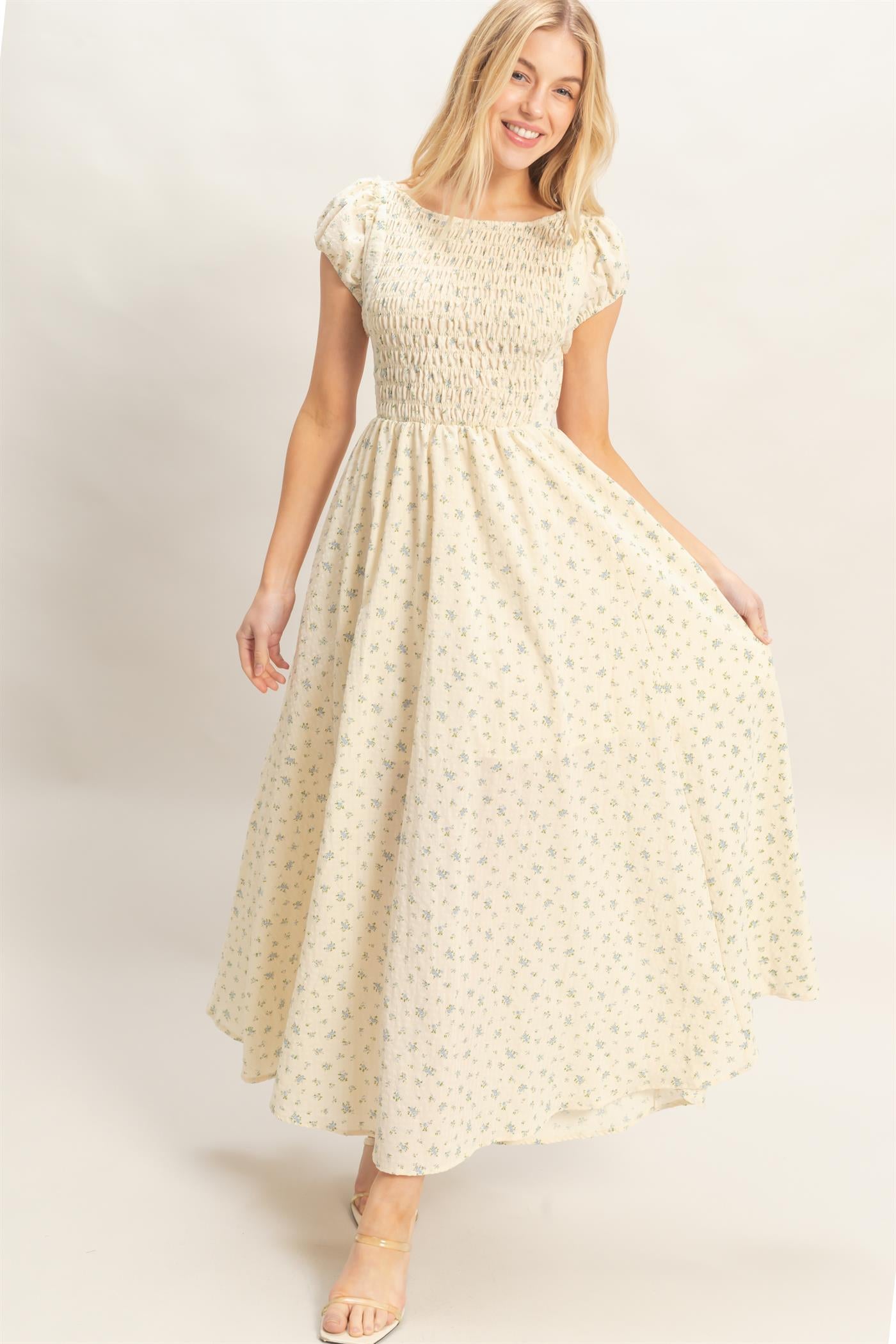 Wholesale Smocked Floral Maxi Dress Dresses HF26C262 BLUE HYFVE