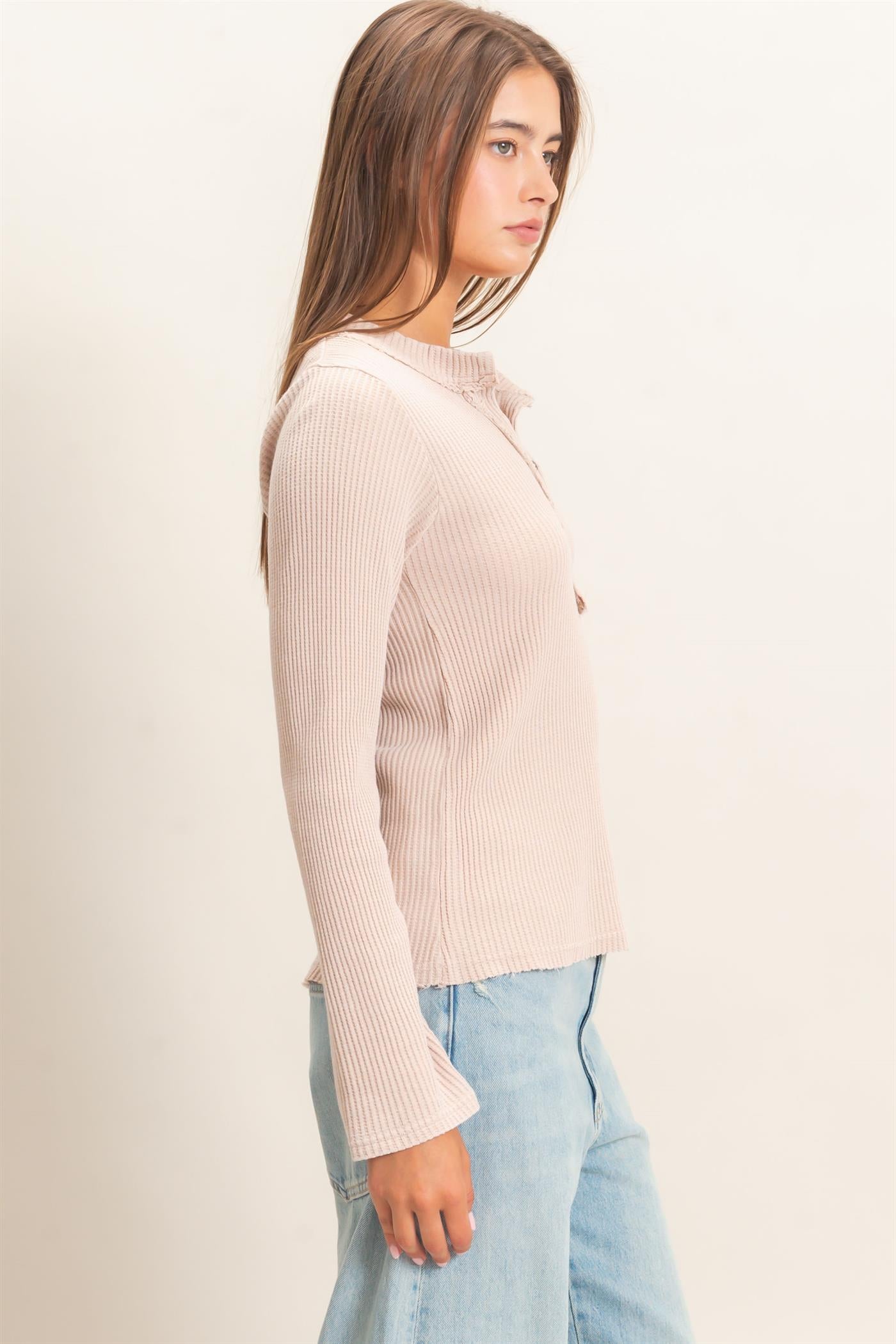 Wholesale Mineral Wash Waffle Henley Long Sleeve Top Clothing Tops DZ26E243 DARK TAUPE DOUBLE ZERO