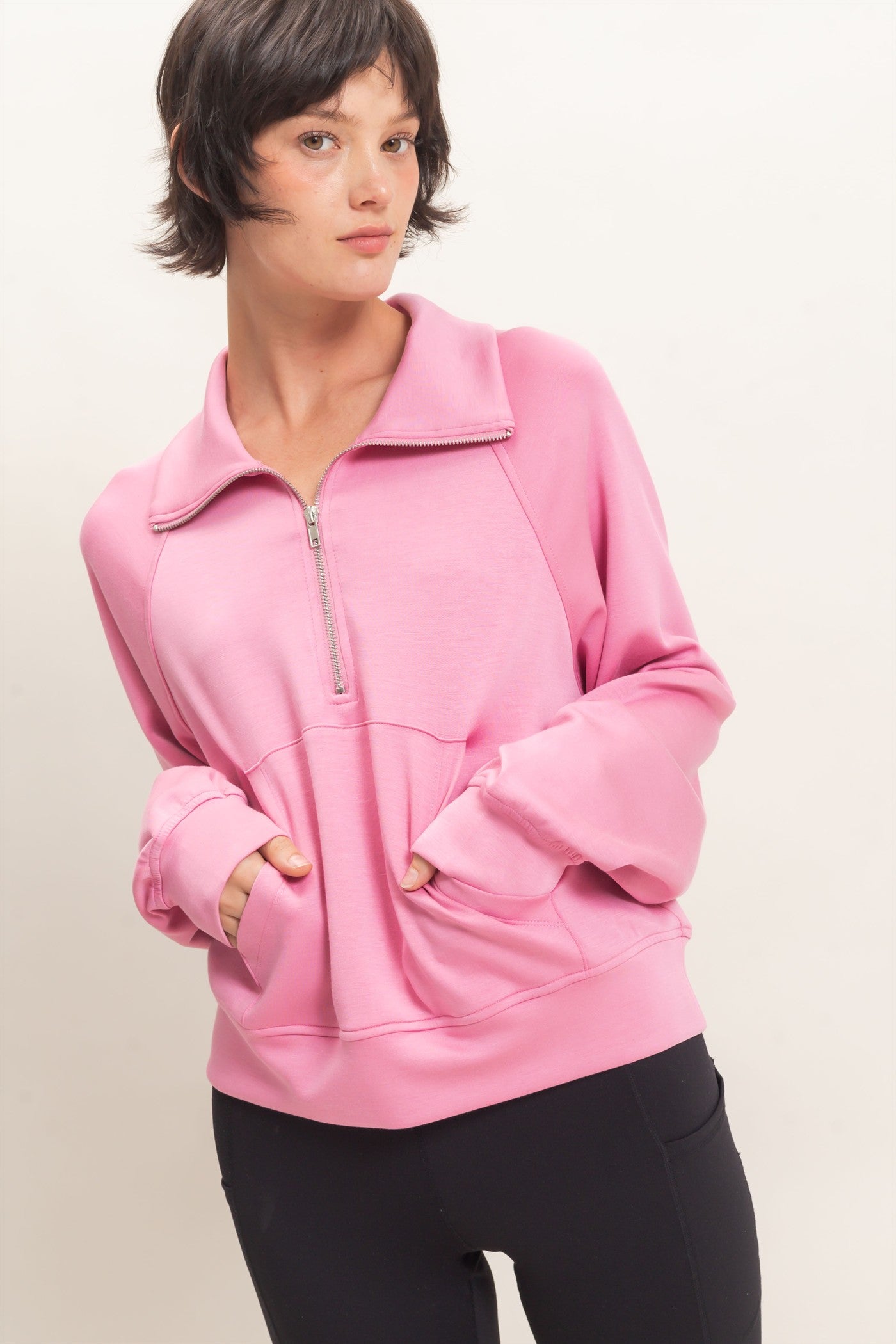 Wholesale Half-Zip Collar Raglan Pullover Sweatshirts DZ26C967 PINK DOUBLE ZERO