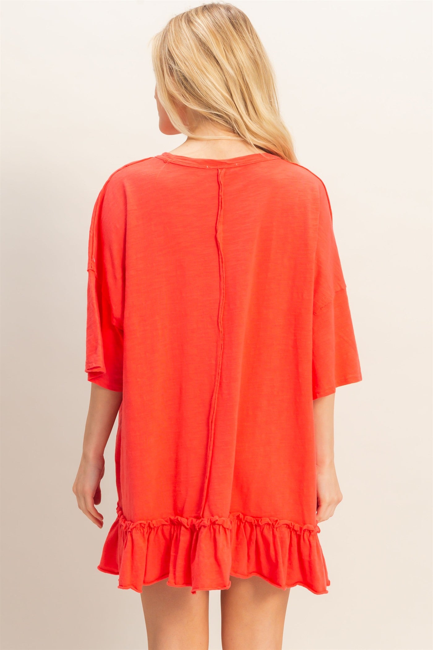 Wholesale Ruffled Hem Oversized Tunic Dresses HF26A785 ORANGE RED HYFVE
