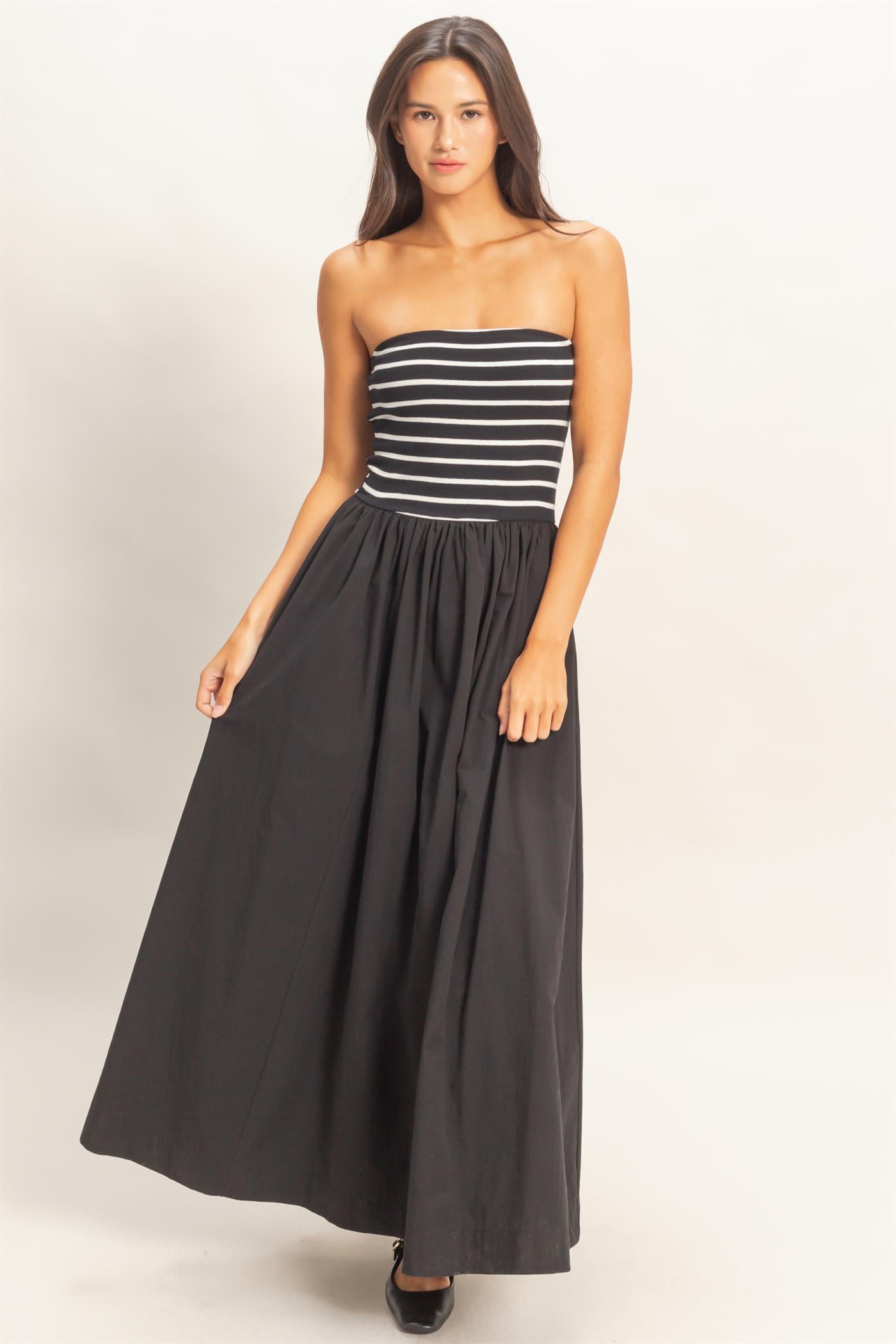 Wholesale Striped Strapless Flowy Midi Dress Dresses DZ26C169 BLACK DOUBLE ZERO