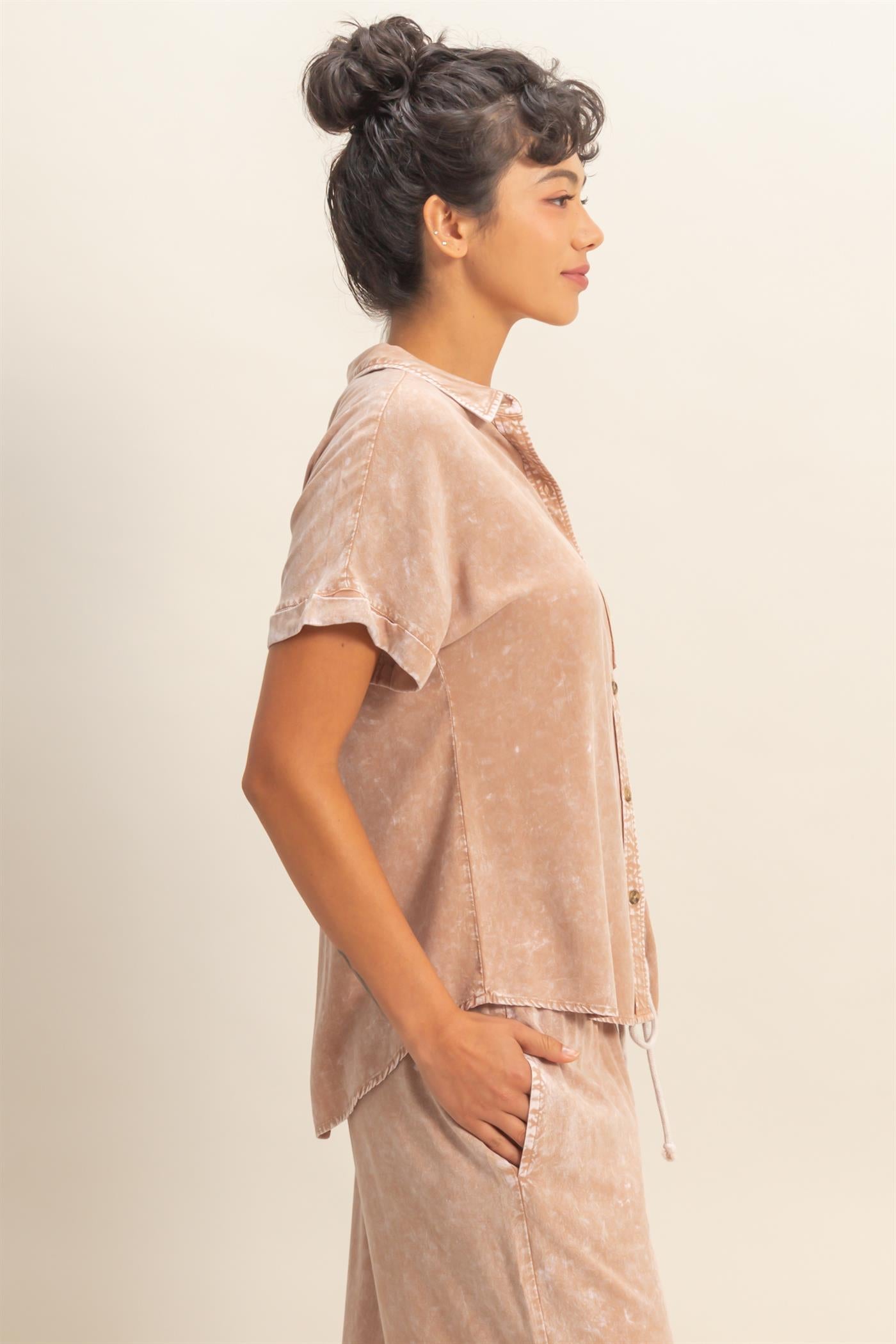Wholesale Mineral Wash Button-Up Dolman Sleeve Shirt Shirts DZ26C132 DARK TAUPE DOUBLE ZERO