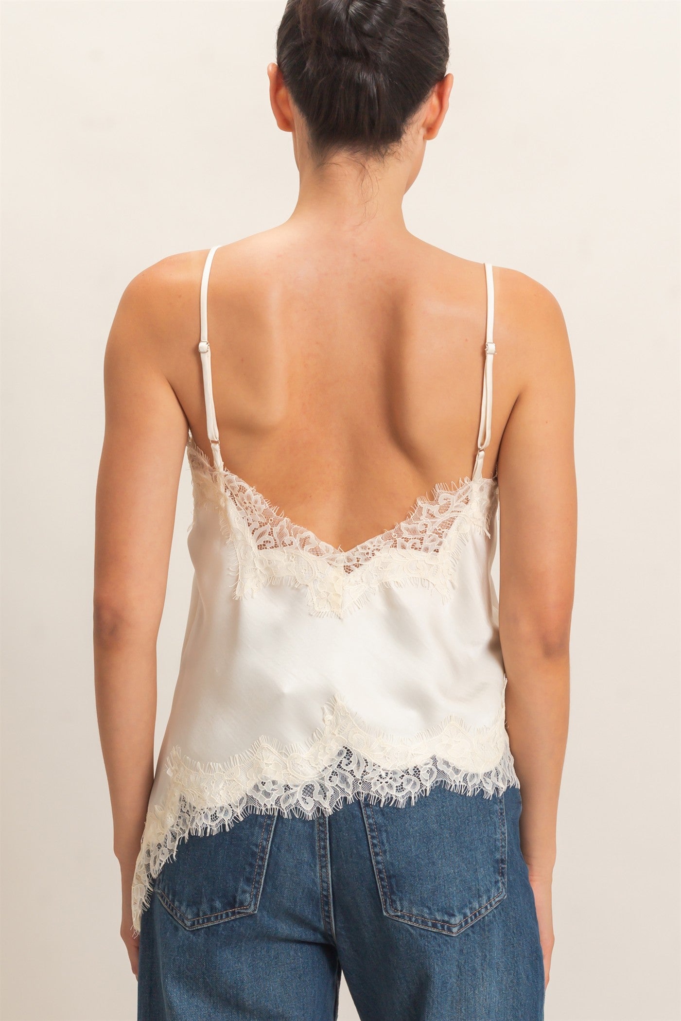 Wholesale Asymmetrical Satin Lace Top Camisoles HF26C945-D CREAM HYFVE
