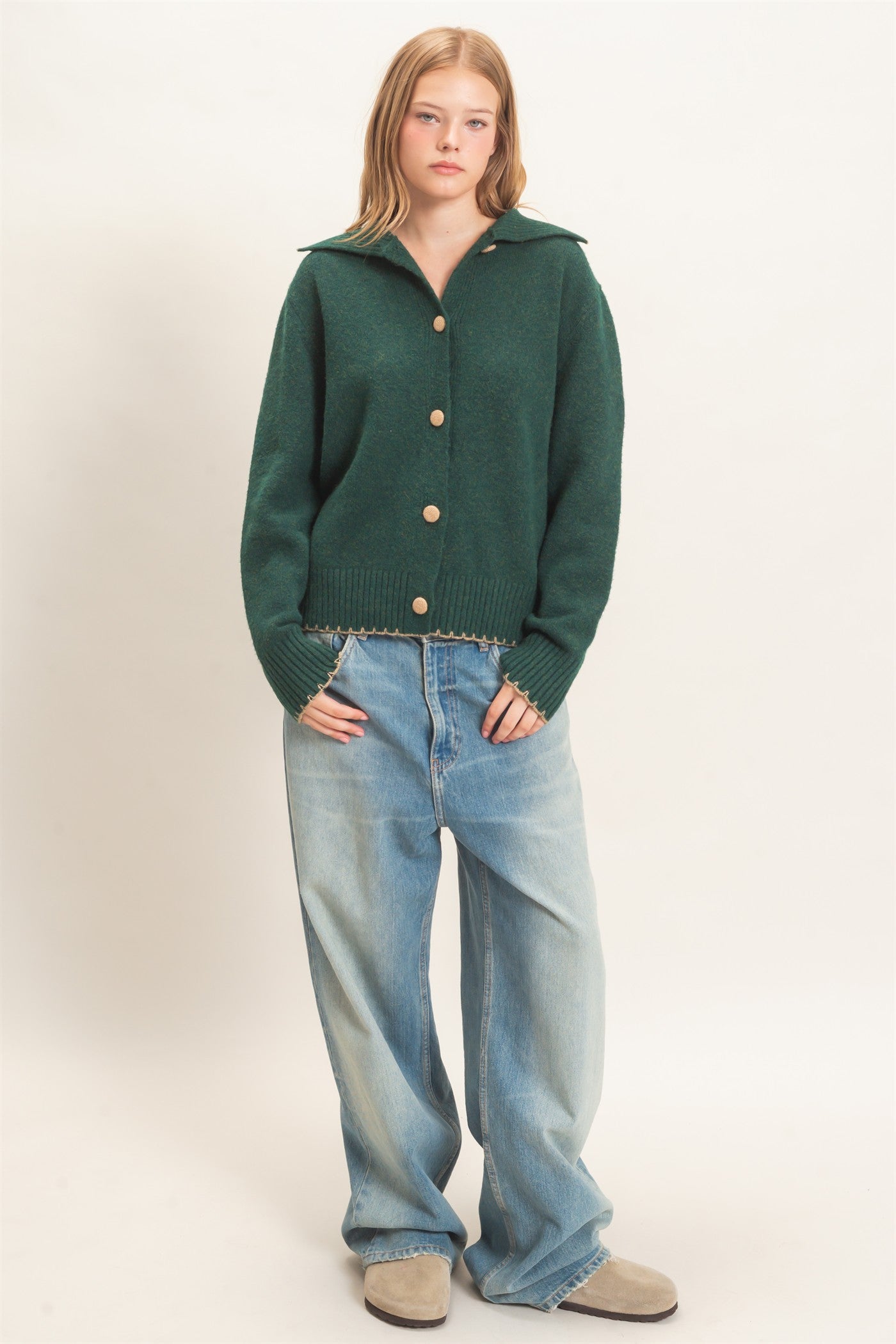 Wholesale Blanket Stitch Collared Cardigan Cardigans HF26F356 DEEP GREEN HYFVE