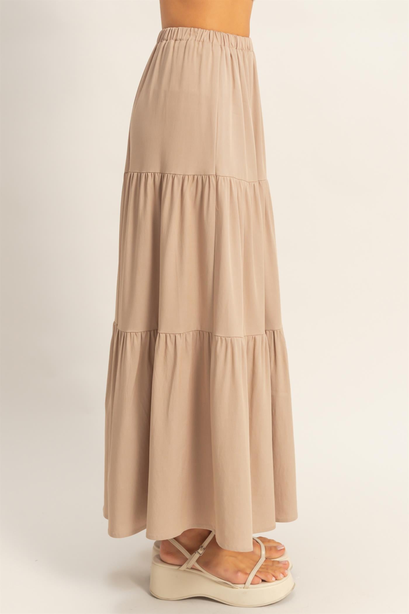 Wholesale Elastic Waist 3-Tier Skirt Skirts HF26E340-D WARM TAUPE HYFVE