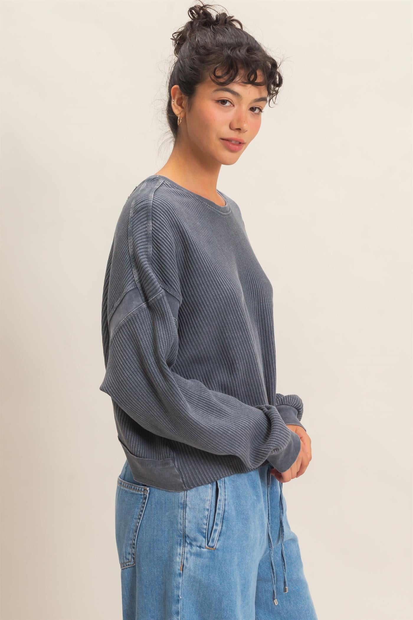 Wholesale Mineral Wash Waffle Open Back Top Clothing Tops DZ26C964 DARK GRAY DOUBLE ZERO