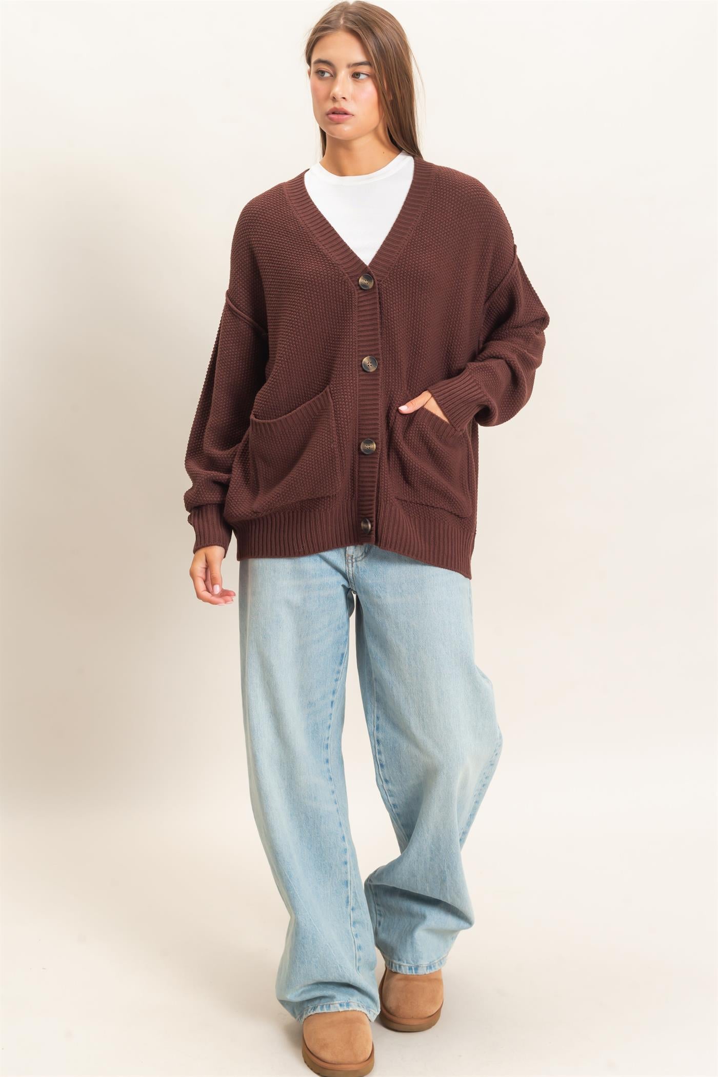 Wholesale Textured Oversized Knit Buttoned Cardigan Cardigans DZ26C971 DARK BROWN DOUBLE ZERO