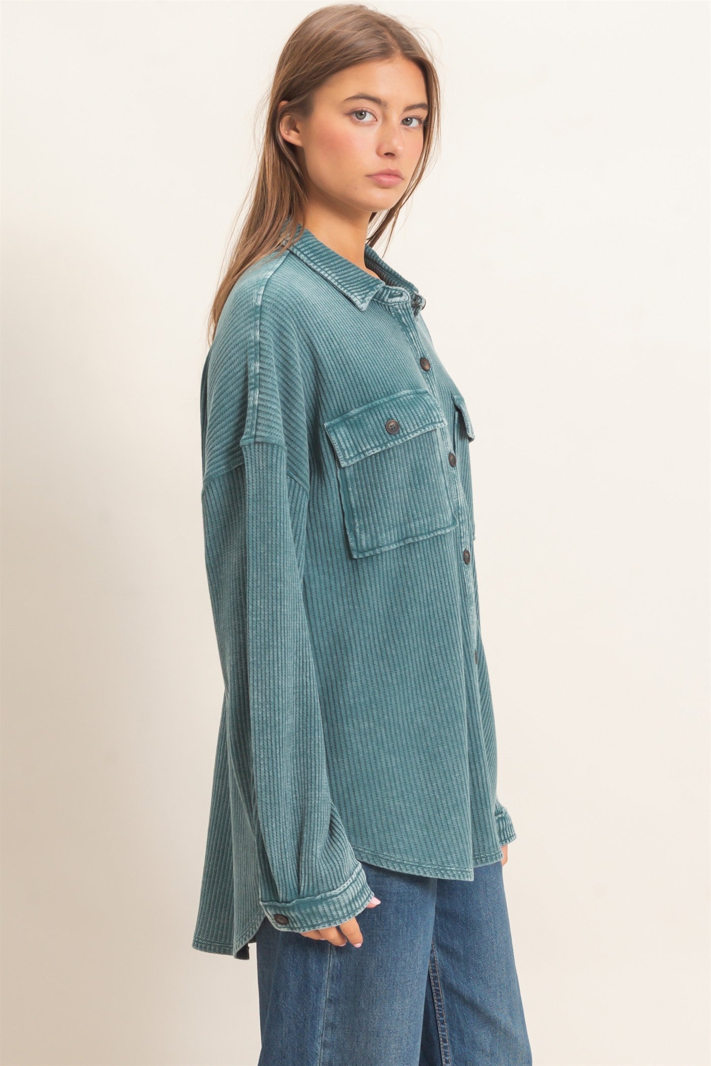 Wholesale Mineral Wash Waffle Knit Button-Up Shacket Coats & Jackets DZ26E249 DARK TEAL DOUBLE ZERO