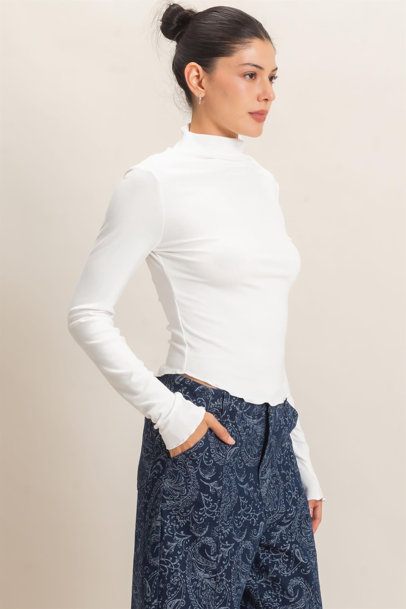 Wholesale Long Sleeve Lettuce Hem Top Clothing Tops HF26F122 IVORY HYFVE