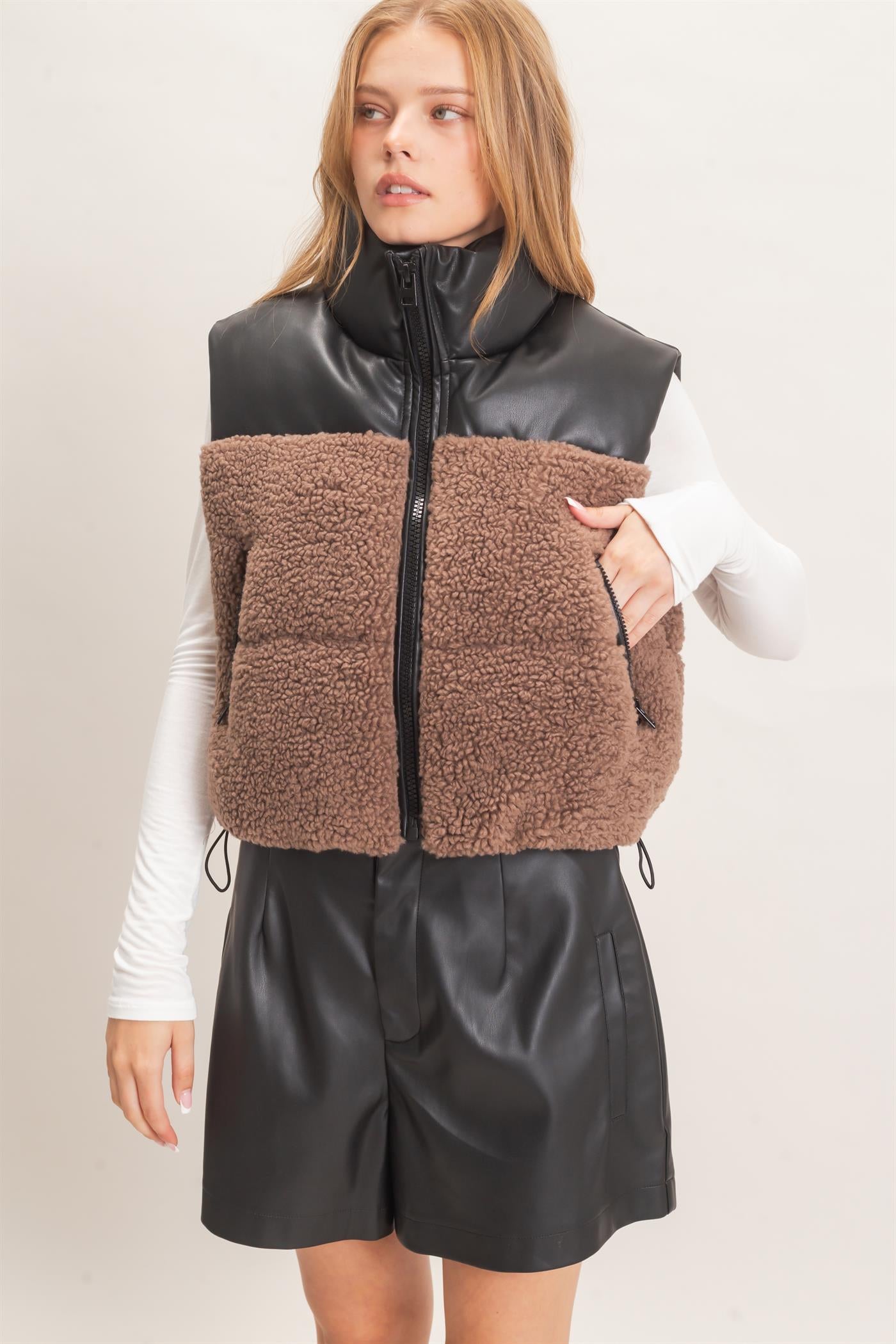 Wholesale Faux Fur & Pu Padded Vest Outerwear HF26F204 MOCHA HYFVE