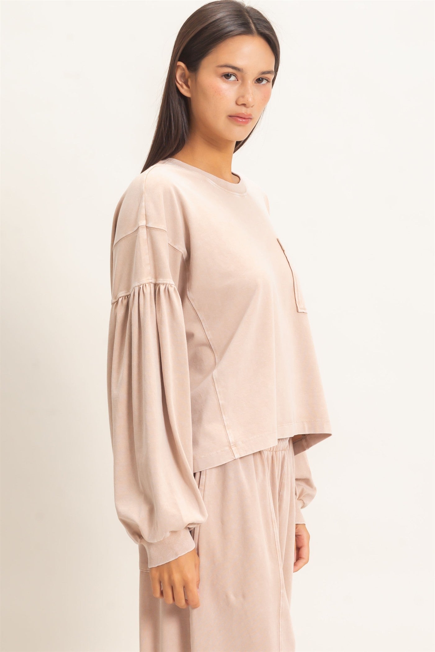 Wholesale Mineral Wash Puff Long Sleeve Boxy Top Clothing Tops DZ26F402 DARK TAUPE DOUBLE ZERO