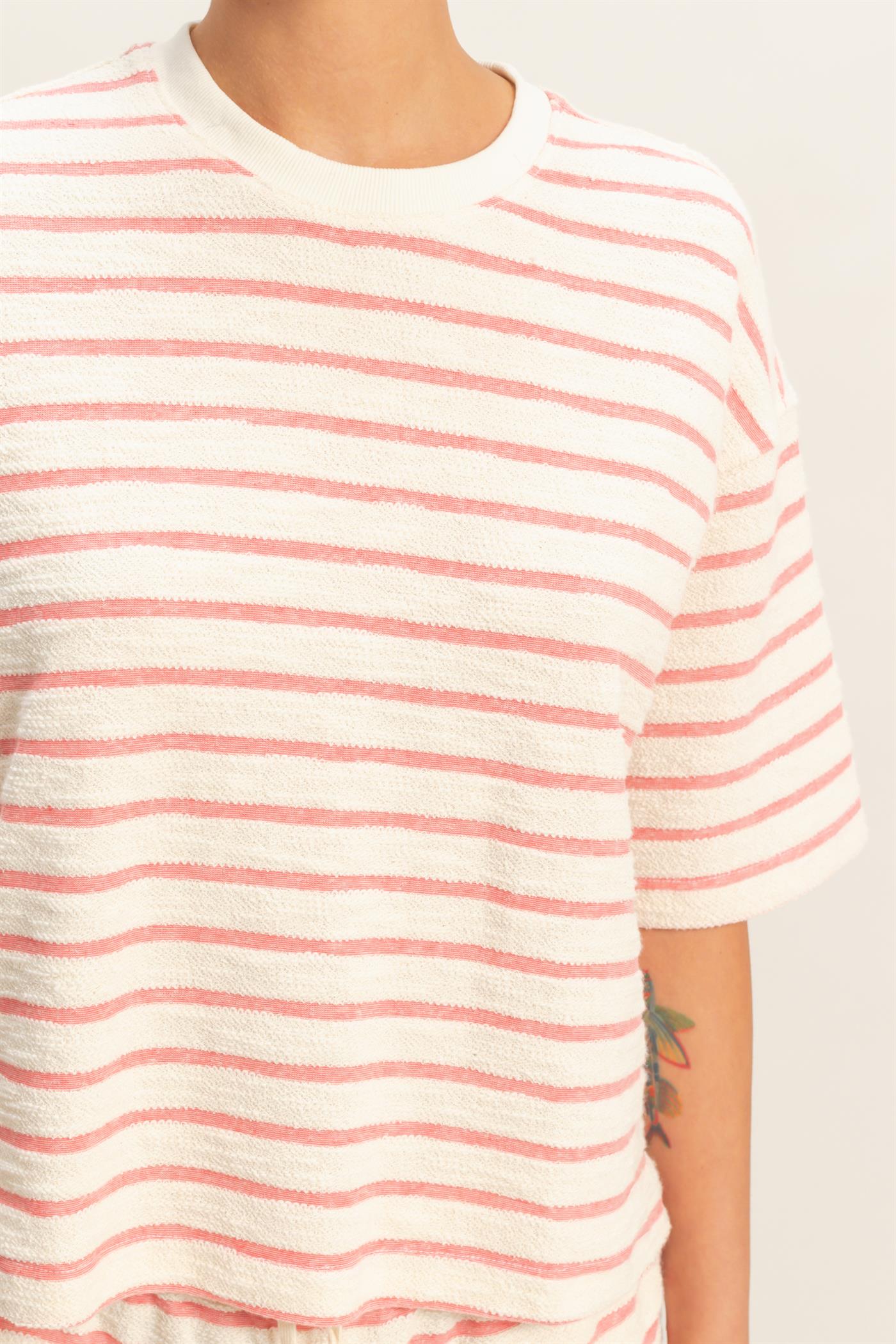 Wholesale Striped Short Sleeve Terry Crew Neck Top Clothing Tops DZ26A887 RED DOUBLE ZERO