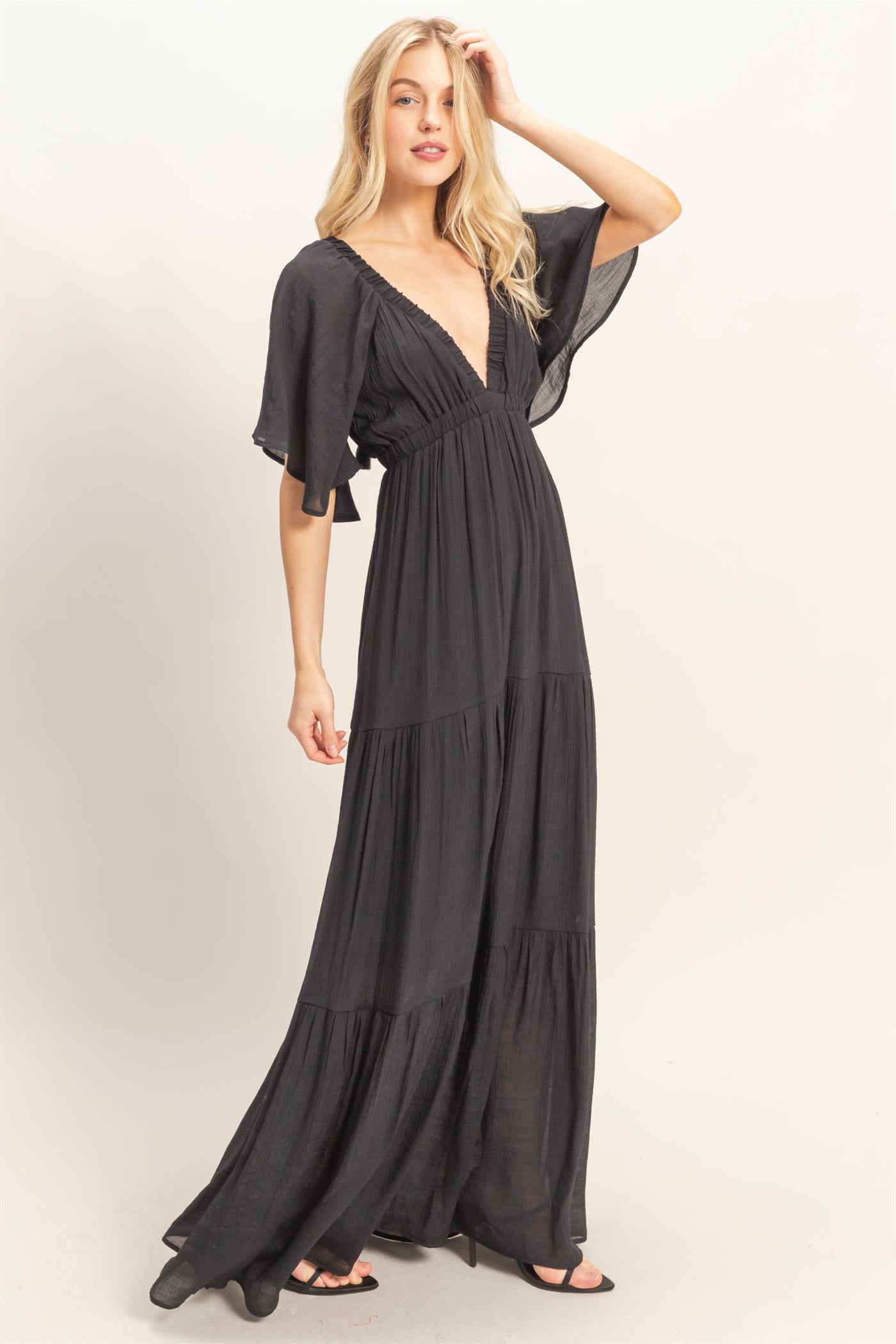 Wholesale Flutter Sleeve Maxi Dress Dresses HF26C285-D BLACK HYFVE