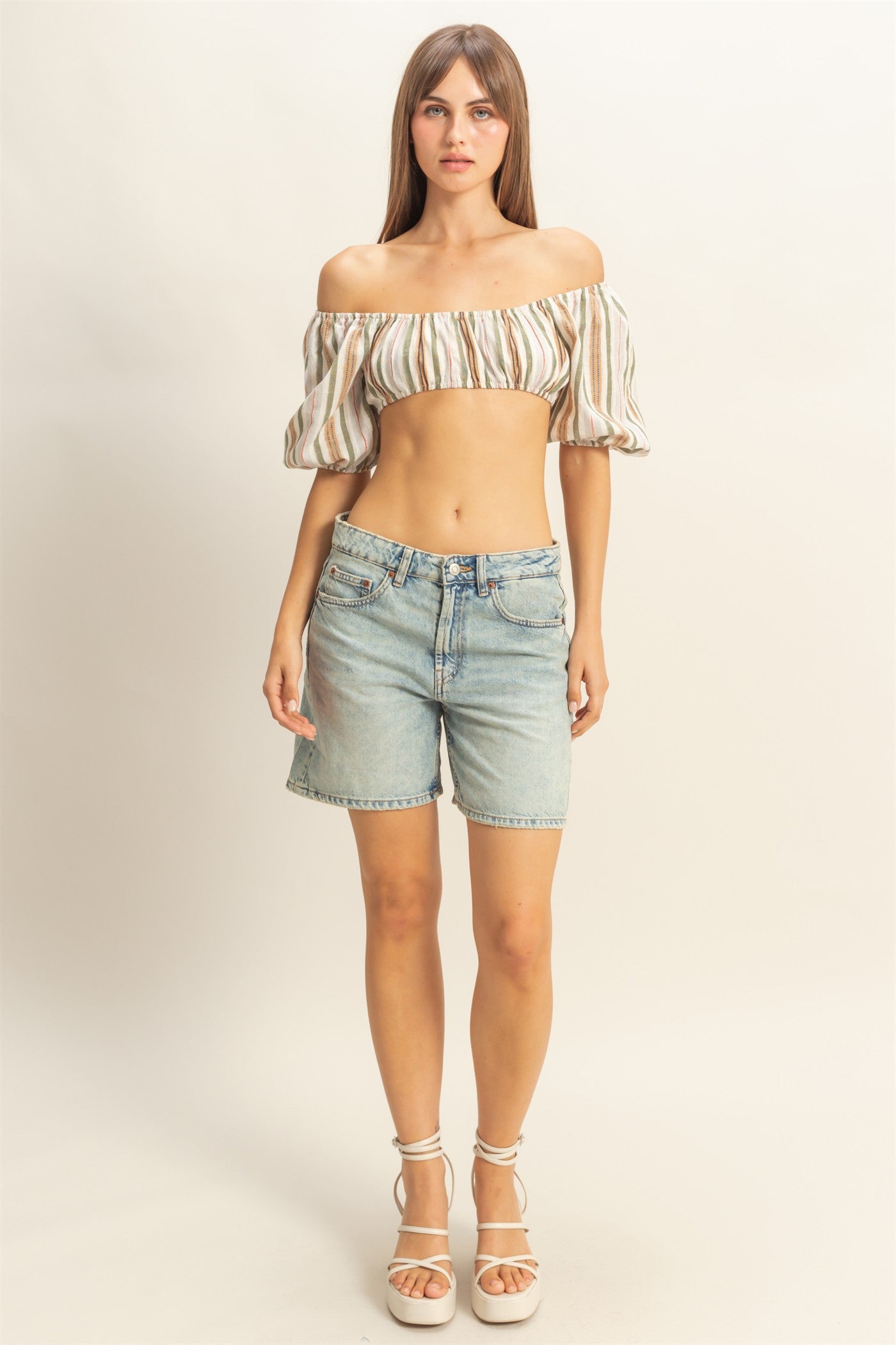 Wholesale Striped Off-Shoulder Crop Top Clothing Tops HF22C614 OLIVE HYFVE