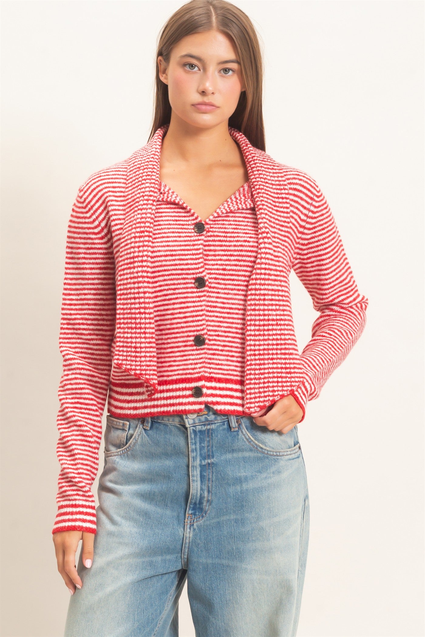Wholesale Striped Cardigan With Scarf Cardigans DZ26E930 RED DOUBLE ZERO