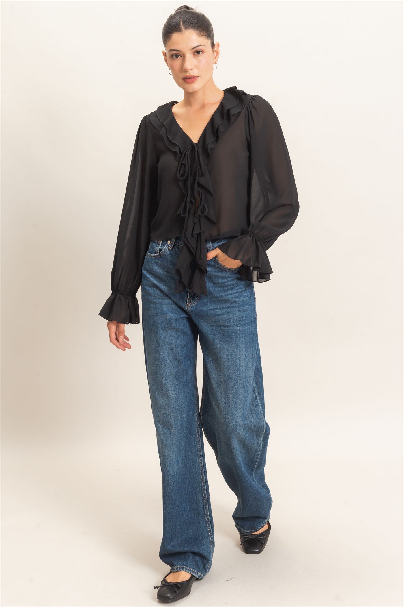 Wholesale Ruffled V-Neck Blouse Blouses HF26F066 BLACK HYFVE