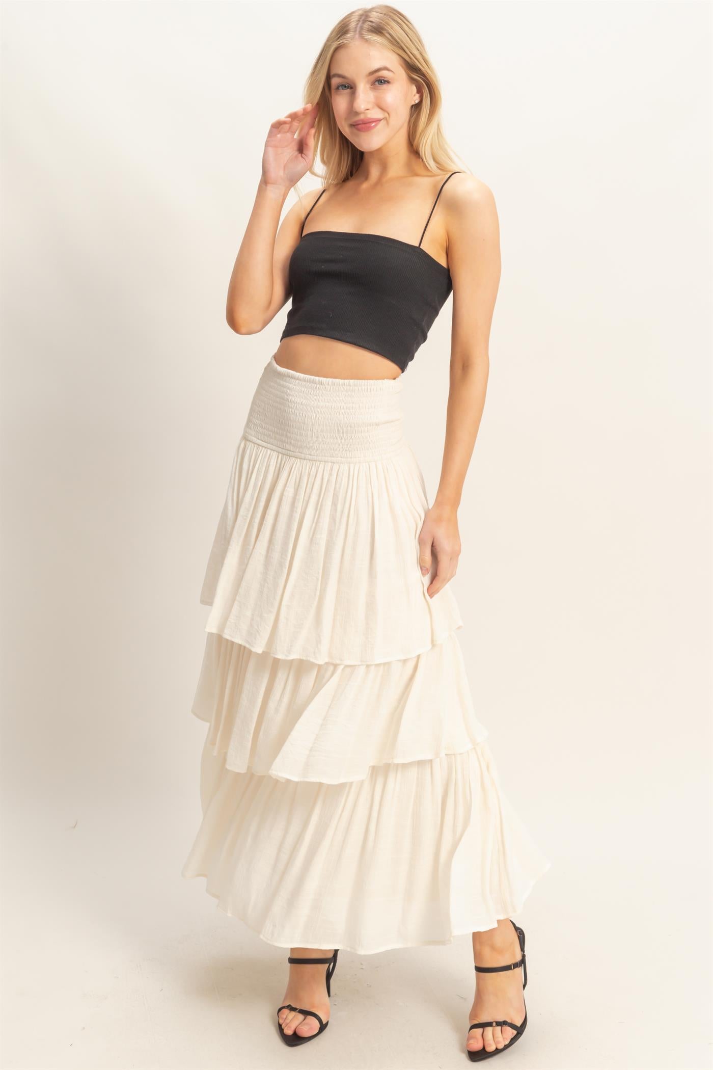 Wholesale Tiered Smocked Waist Skirt Skirts HF26C188-D CREAM HYFVE