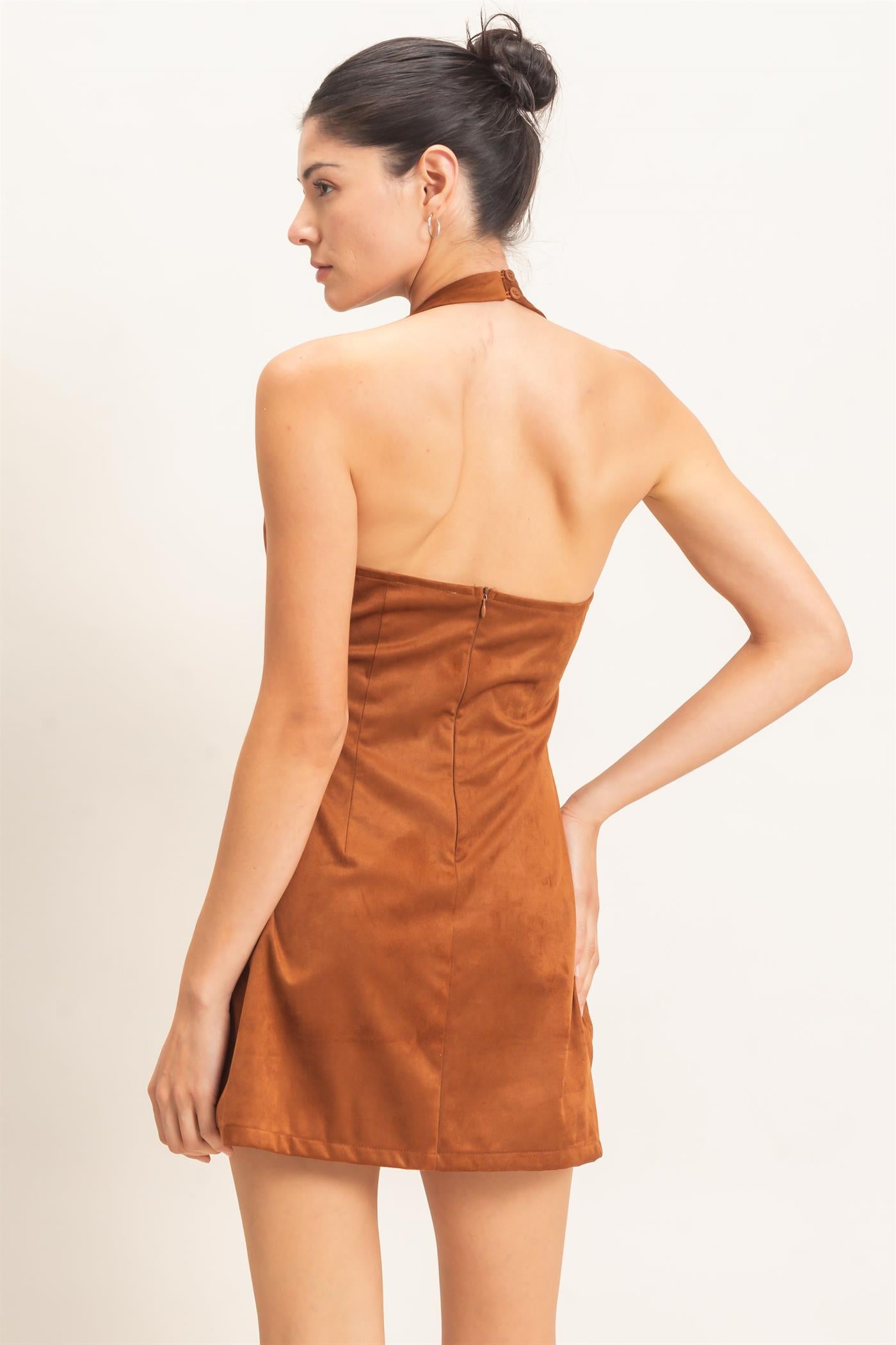 Wholesale Suede V-Neck Halter Dress Dresses HF26E500 BROWN HYFVE