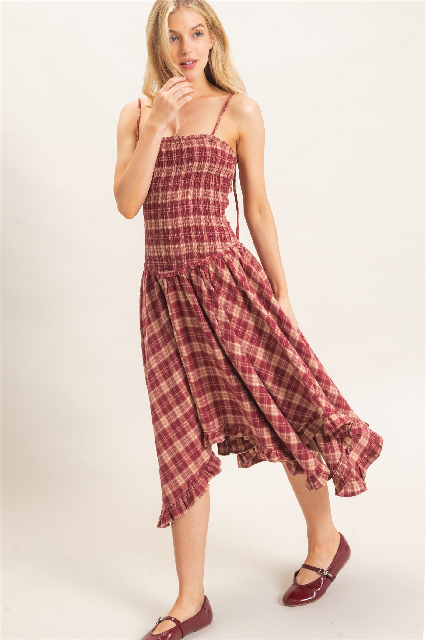 Wholesale Plaid Smocked Spaghetti Strap Dress Dresses HF26F211 BURGUNDY HYFVE