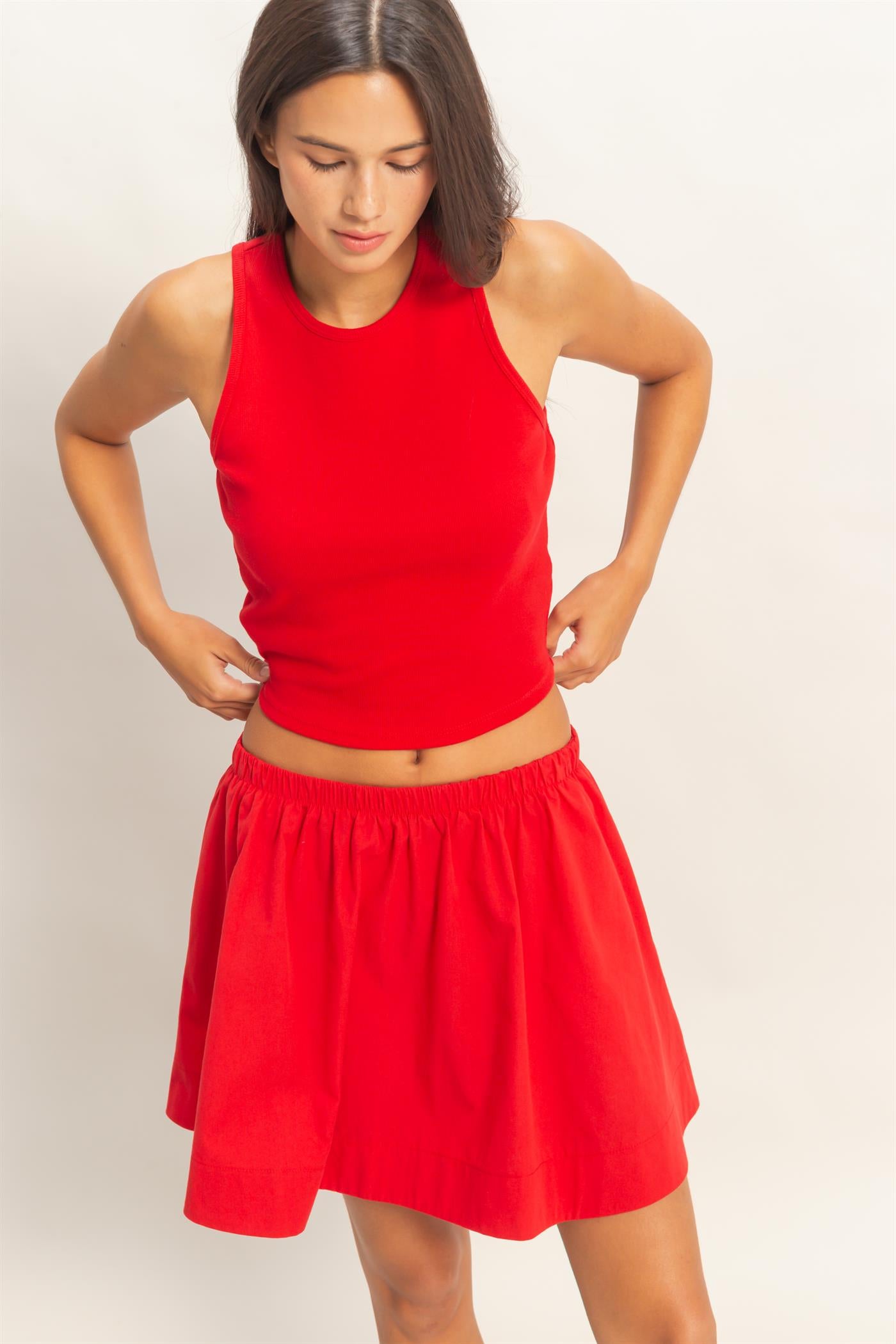 Wholesale Sleeveless Ribbed Top And Skirt Set Clothing DZ26C346-SET RED DOUBLE ZERO