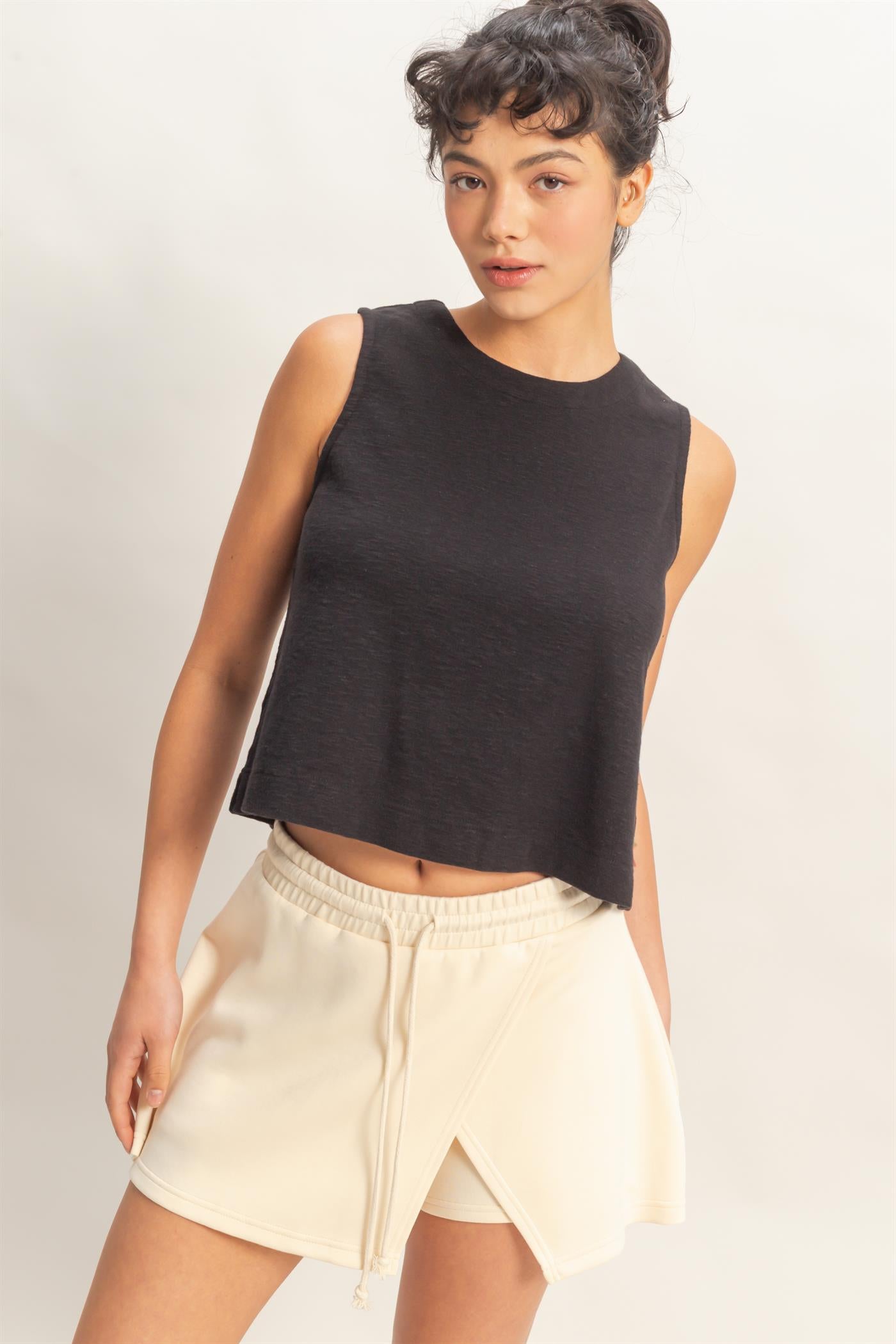 Wholesale Sleeveless Boxy Fit Crew Neck Top Clothing Tops DZ26C090 BLACK DOUBLE ZERO