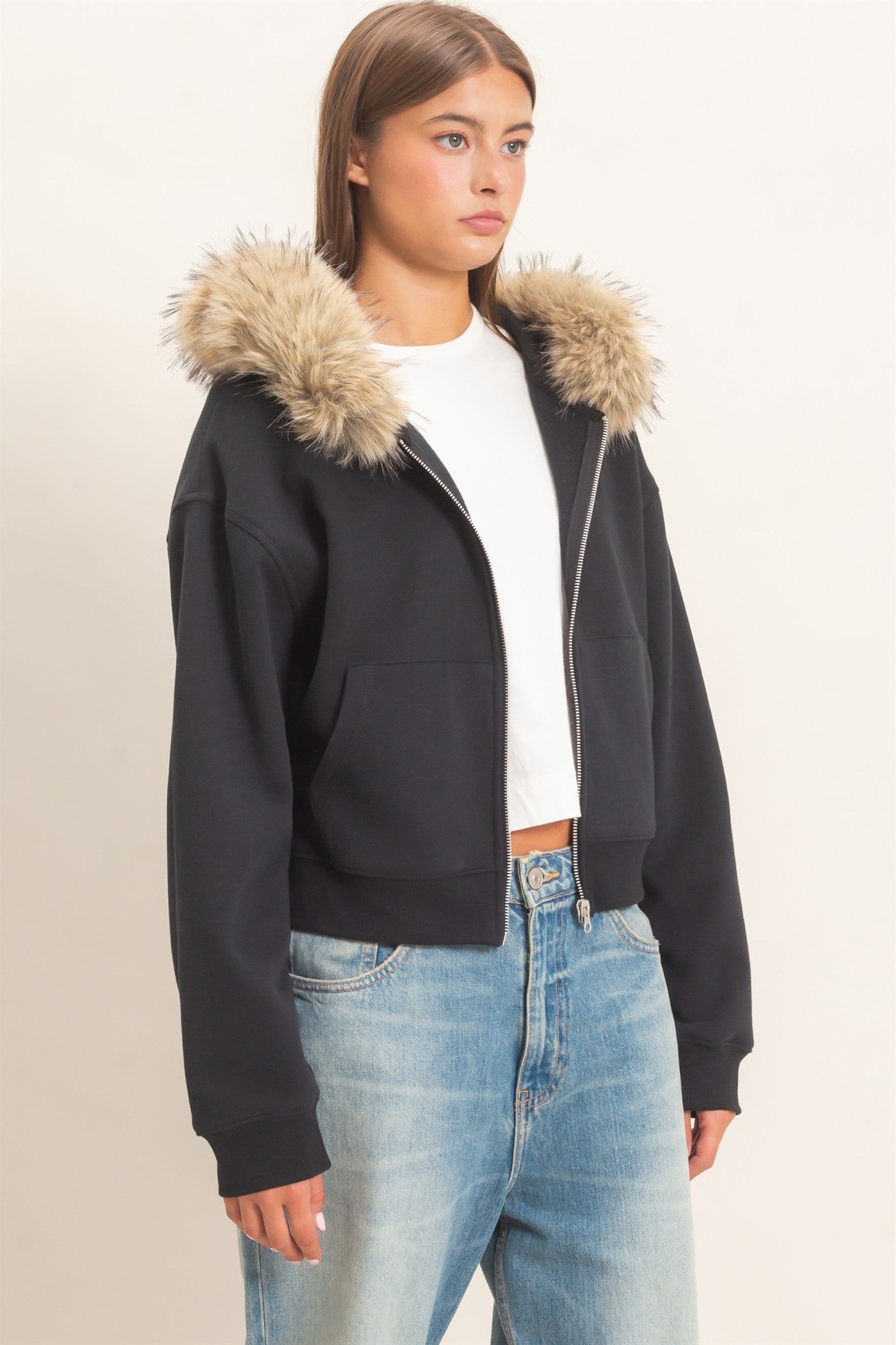 Wholesale Detachable Fur Zip Up Hoodie Hoodies DZ26F396 BLACK DOUBLE ZERO
