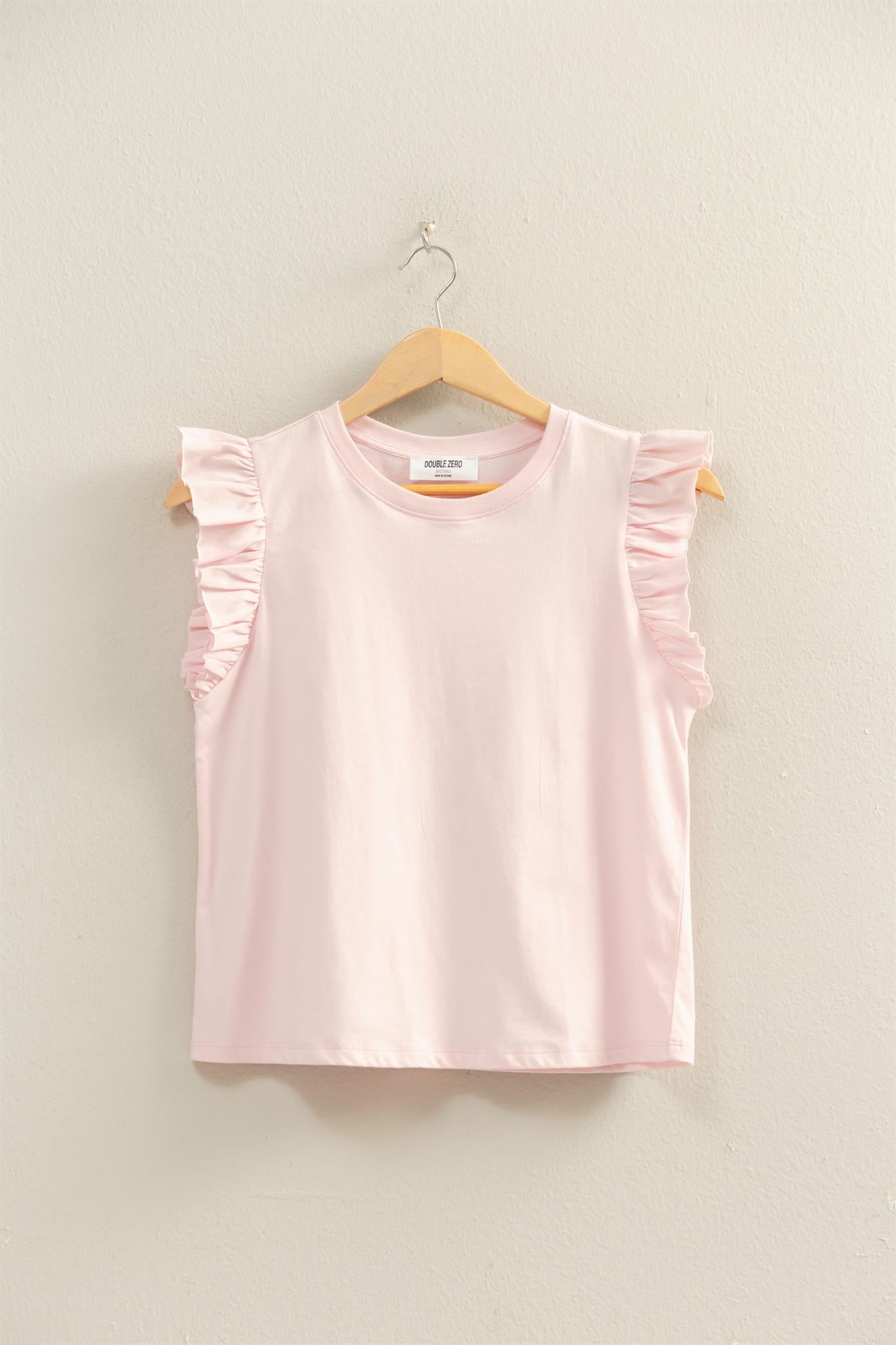 Wholesale Ruffle Cap Sleeve Crew Neck Top Clothing Tops DZ26C070 SOFT PINK DOUBLE ZERO