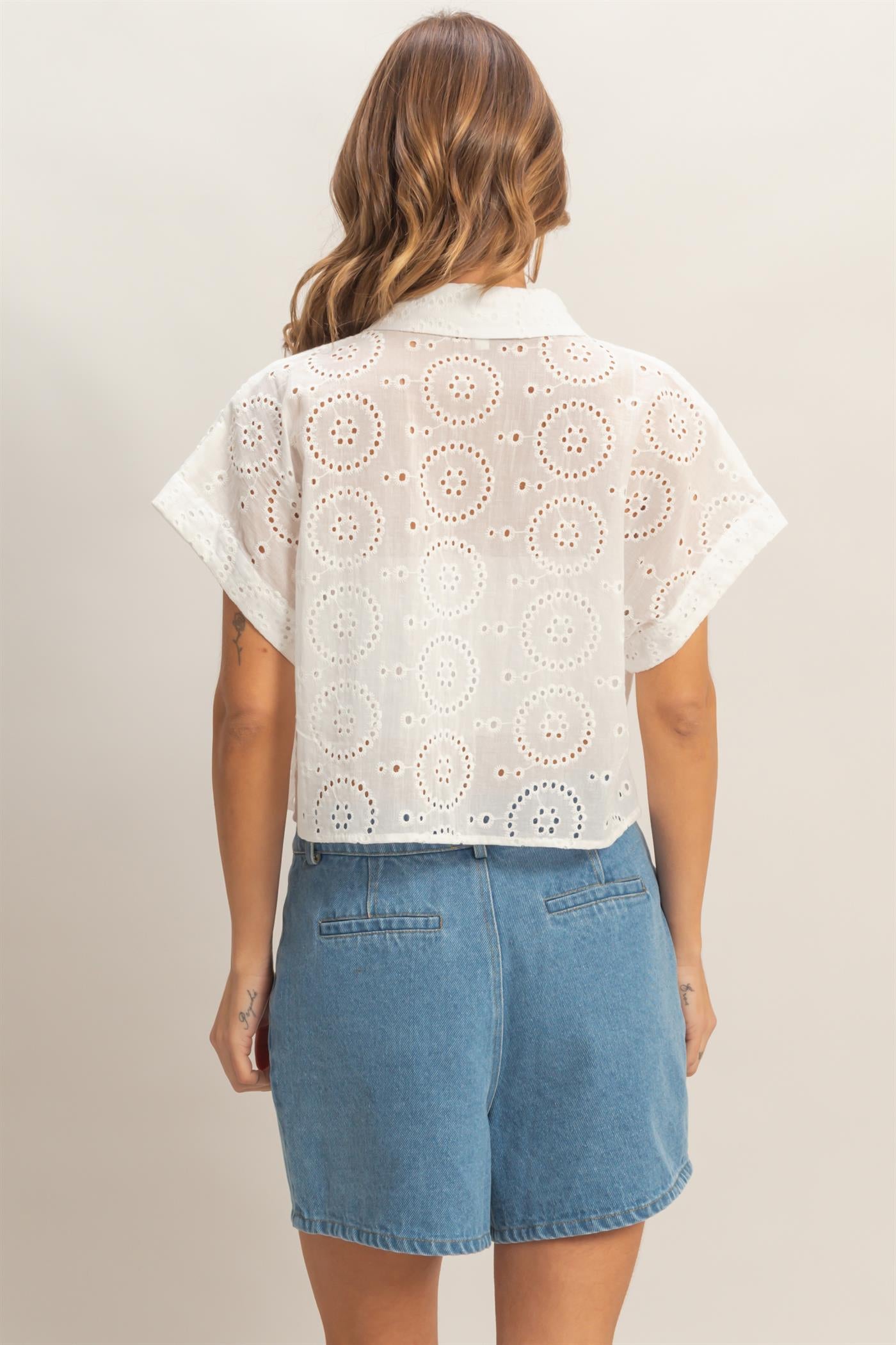 Wholesale Eyelet Cropped Button-Up Shirt Clothing Tops HF26C297 OFF WHITE HYFVE