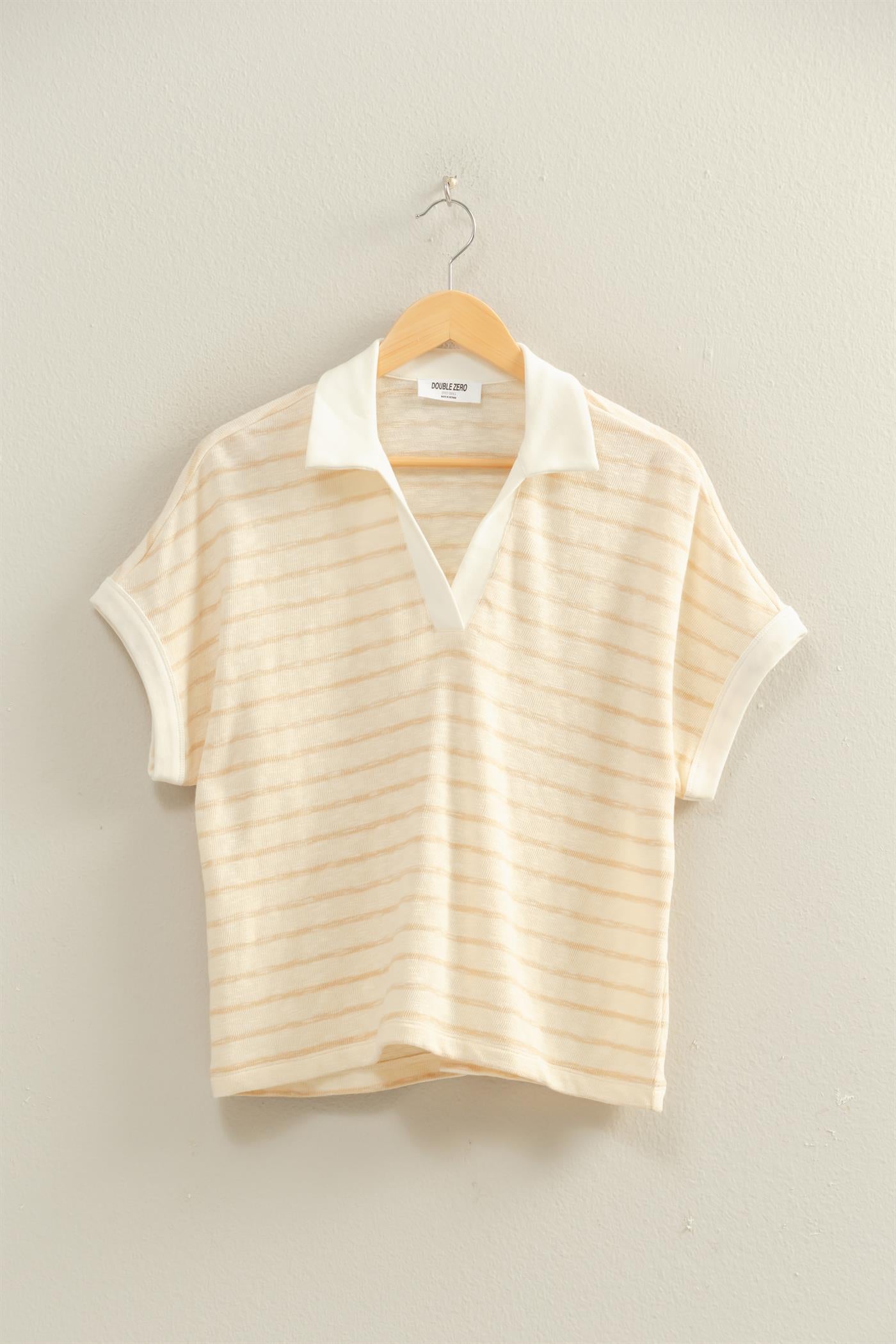 Wholesale Striped Dolman Sleeve V-Neck Collared Top Clothing Tops DZ26A452 TAUPE DOUBLE ZERO