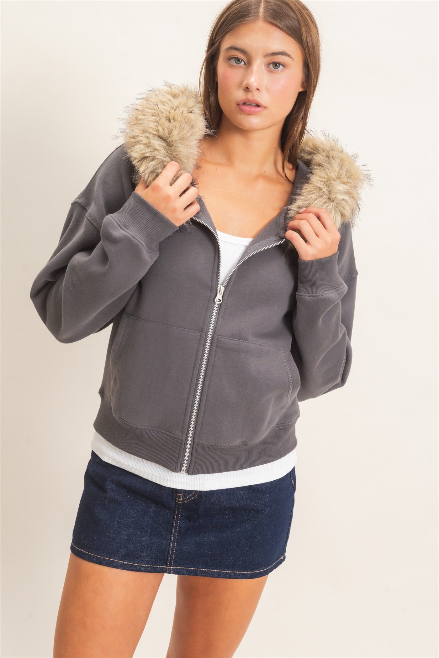 Wholesale Detachable Fur Zip Up Hoodie Hoodies DZ26F396 CHARCOAL DOUBLE ZERO