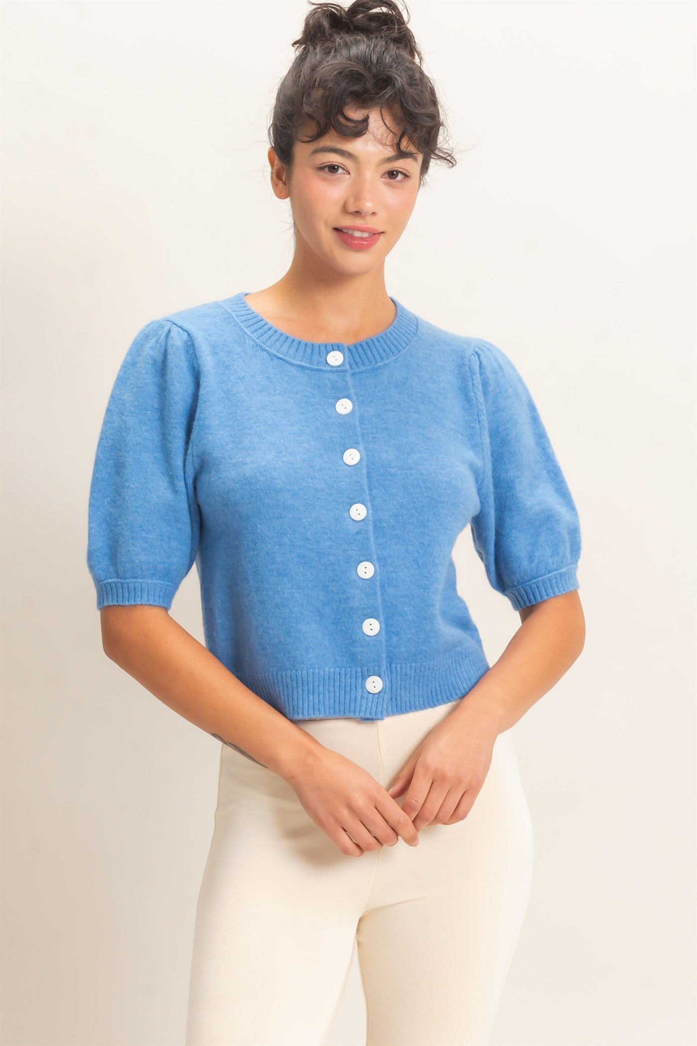 Wholesale Button Front Puff Short Sleeve Cardigan Cardigans DZ26C960 BLUE DOUBLE ZERO