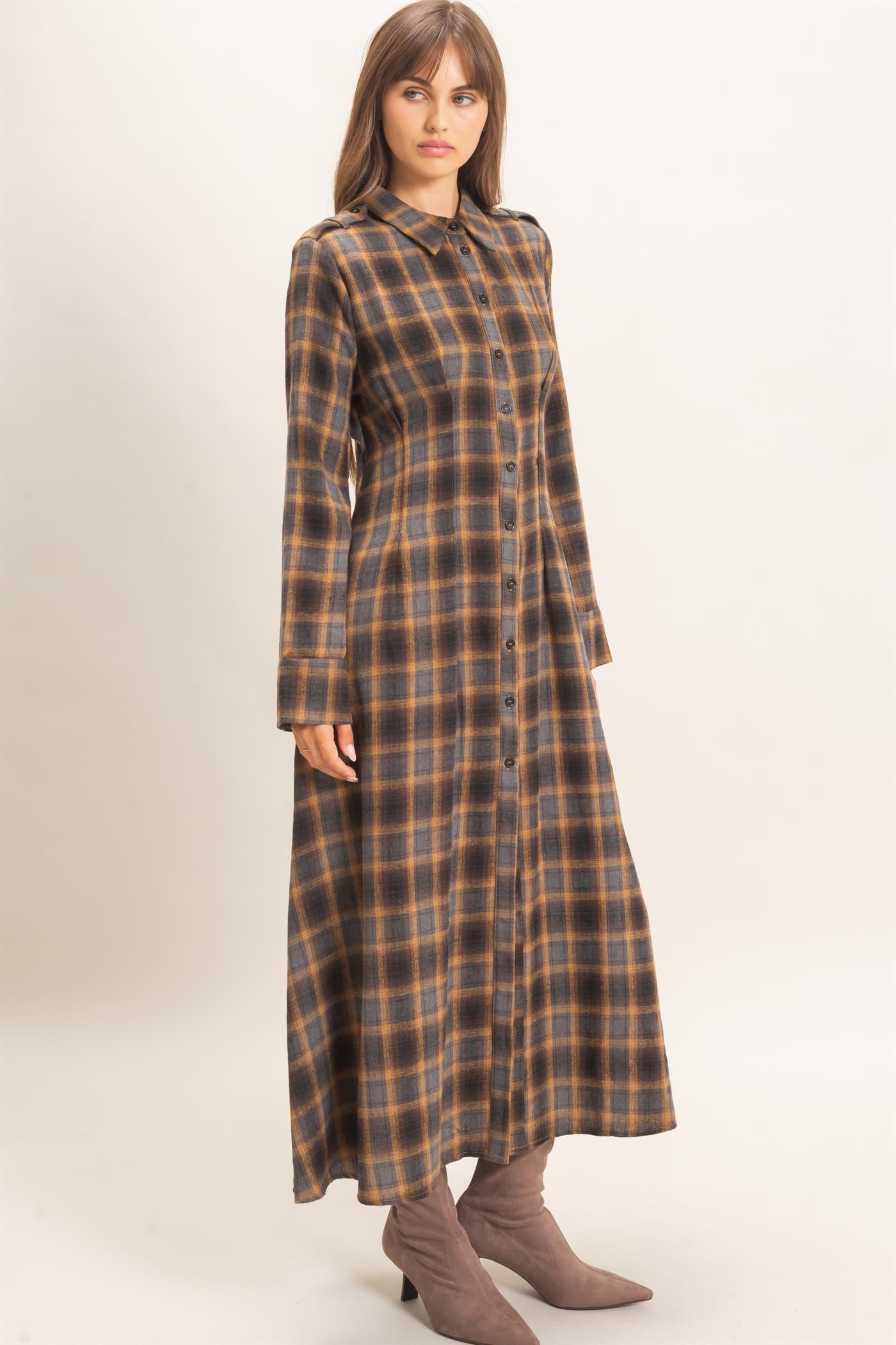 Wholesale Plaid Button-Down Maxi Dress Dresses HF26E999 MUSTARD HYFVE