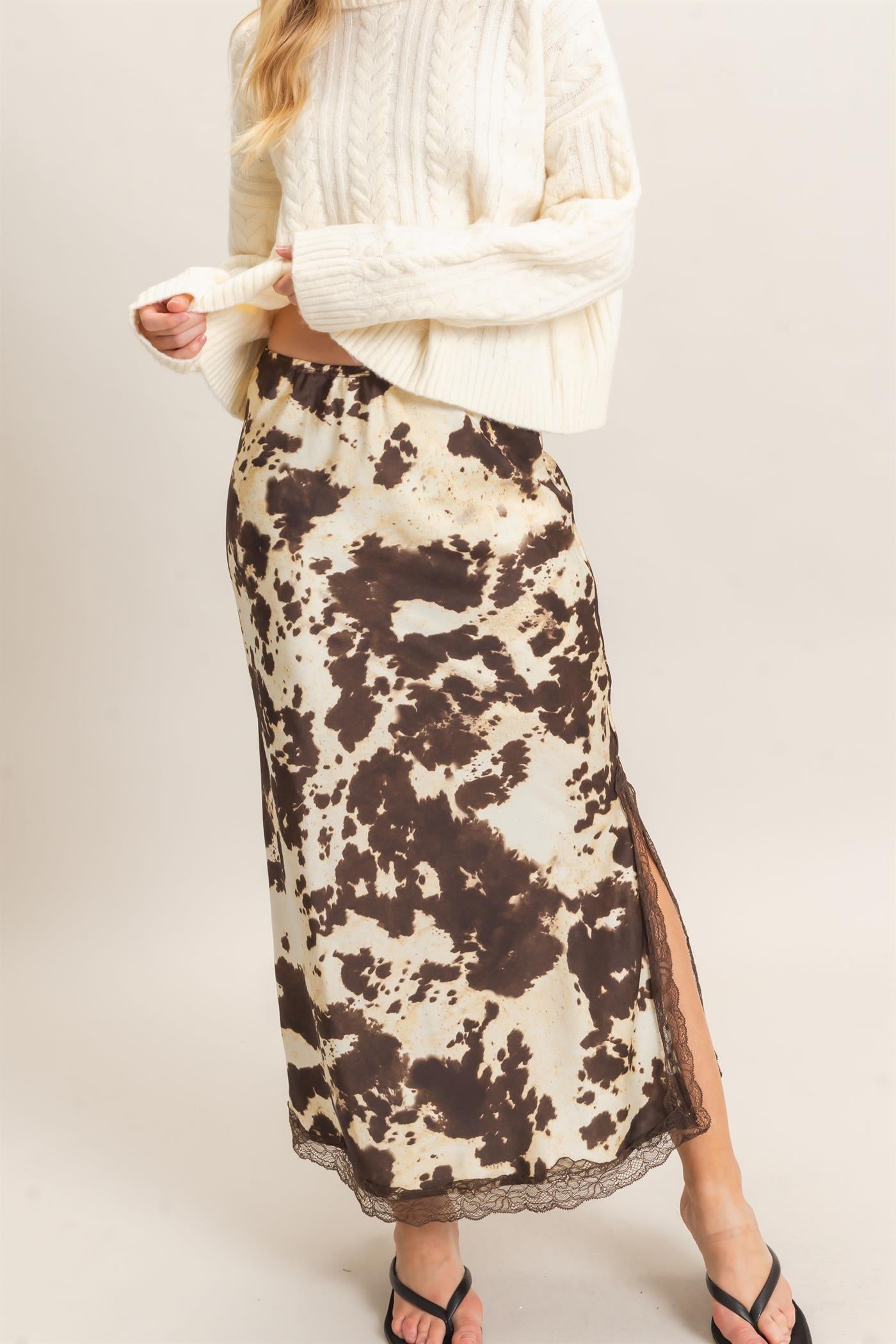 Wholesale Satin Cow Print Skirt Skirts HF26C851 BROWN HYFVE