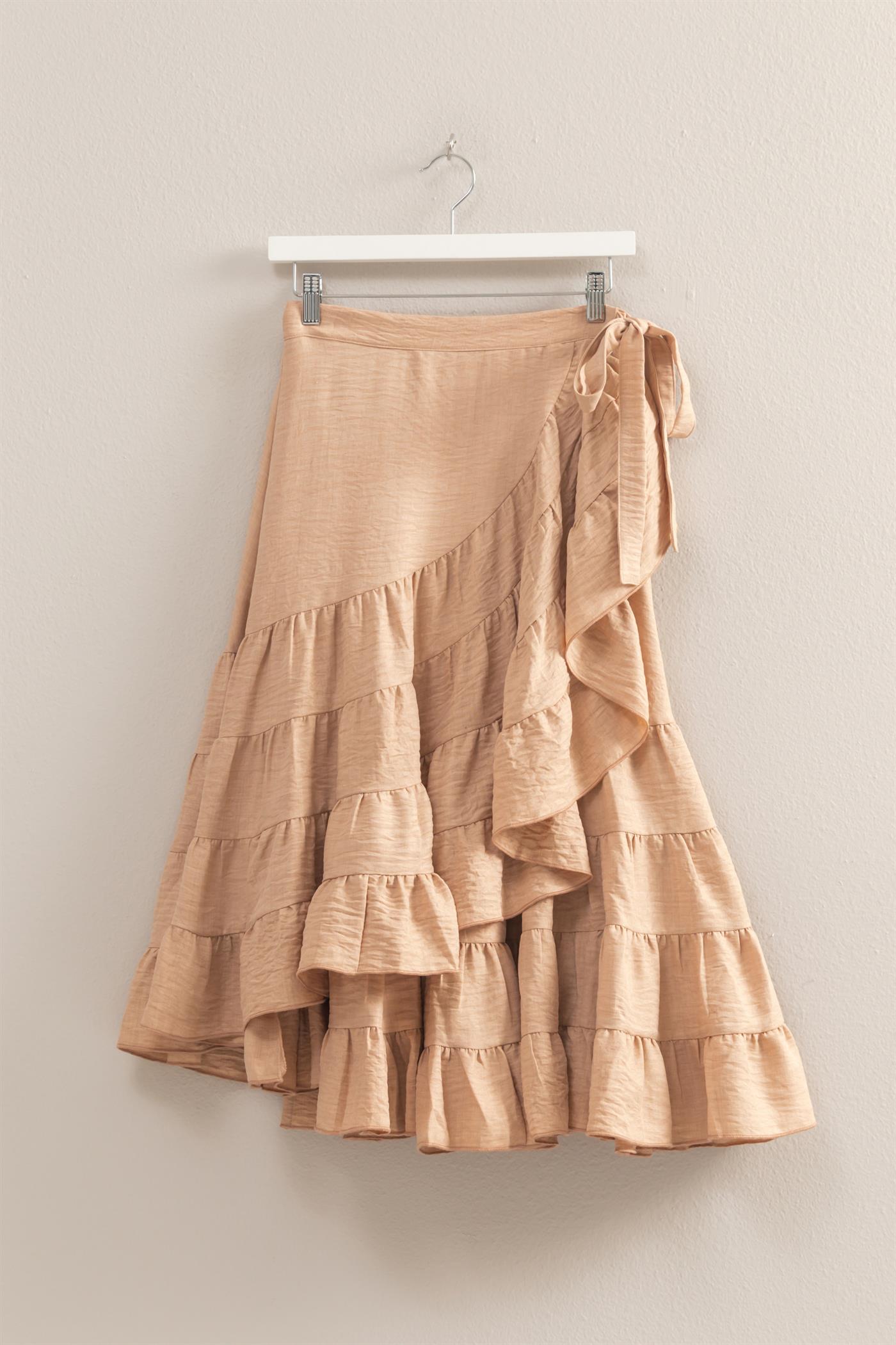 Wholesale High-Waist Tiered Wrap Maxi Skirt Skirts HF24F553 TAUPE HYFVE