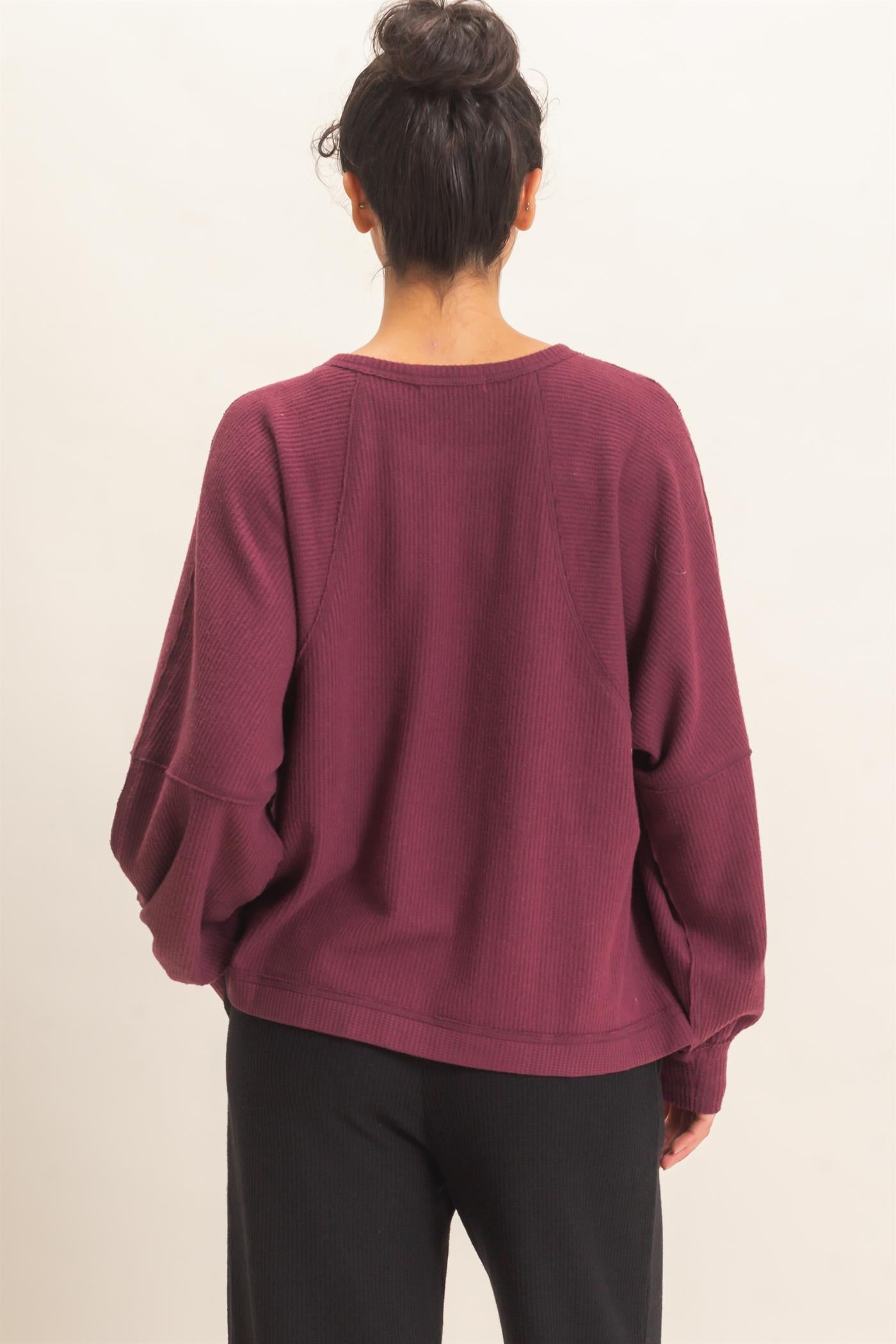 Wholesale Brushed Waffle Long Sleeve Top Clothing Tops DZ26F312 DARK CHERRY DOUBLE ZERO