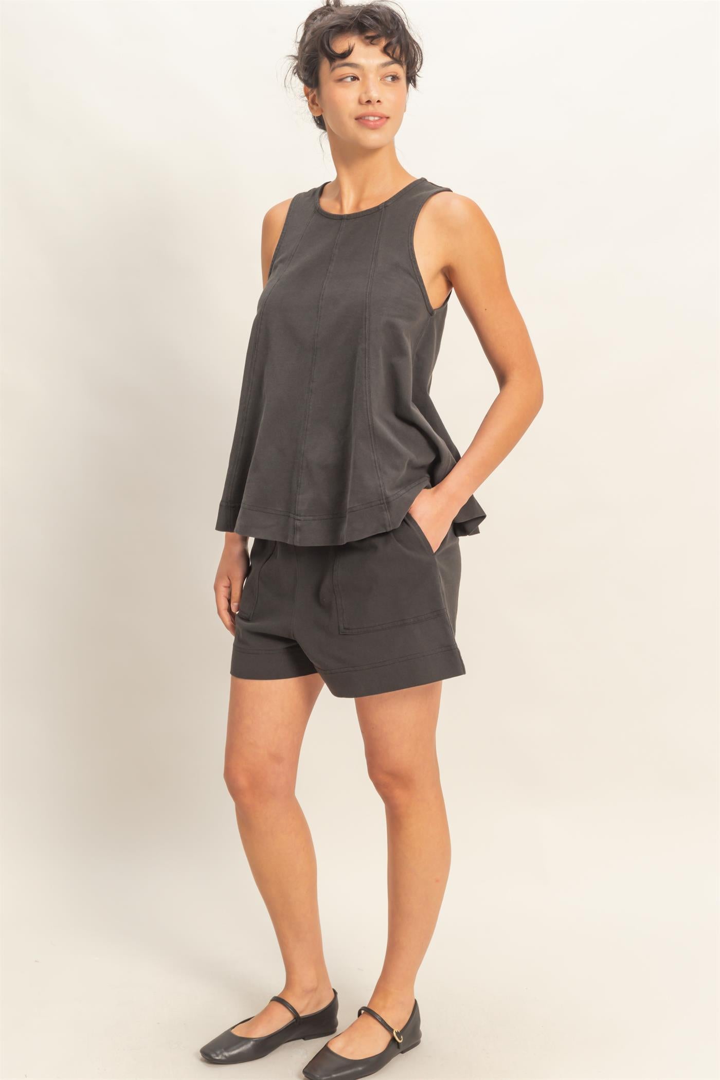 Wholesale Sleeveless Round Neck Top & Shorts Set Clothing DZ26C730-SET BLACK DOUBLE ZERO