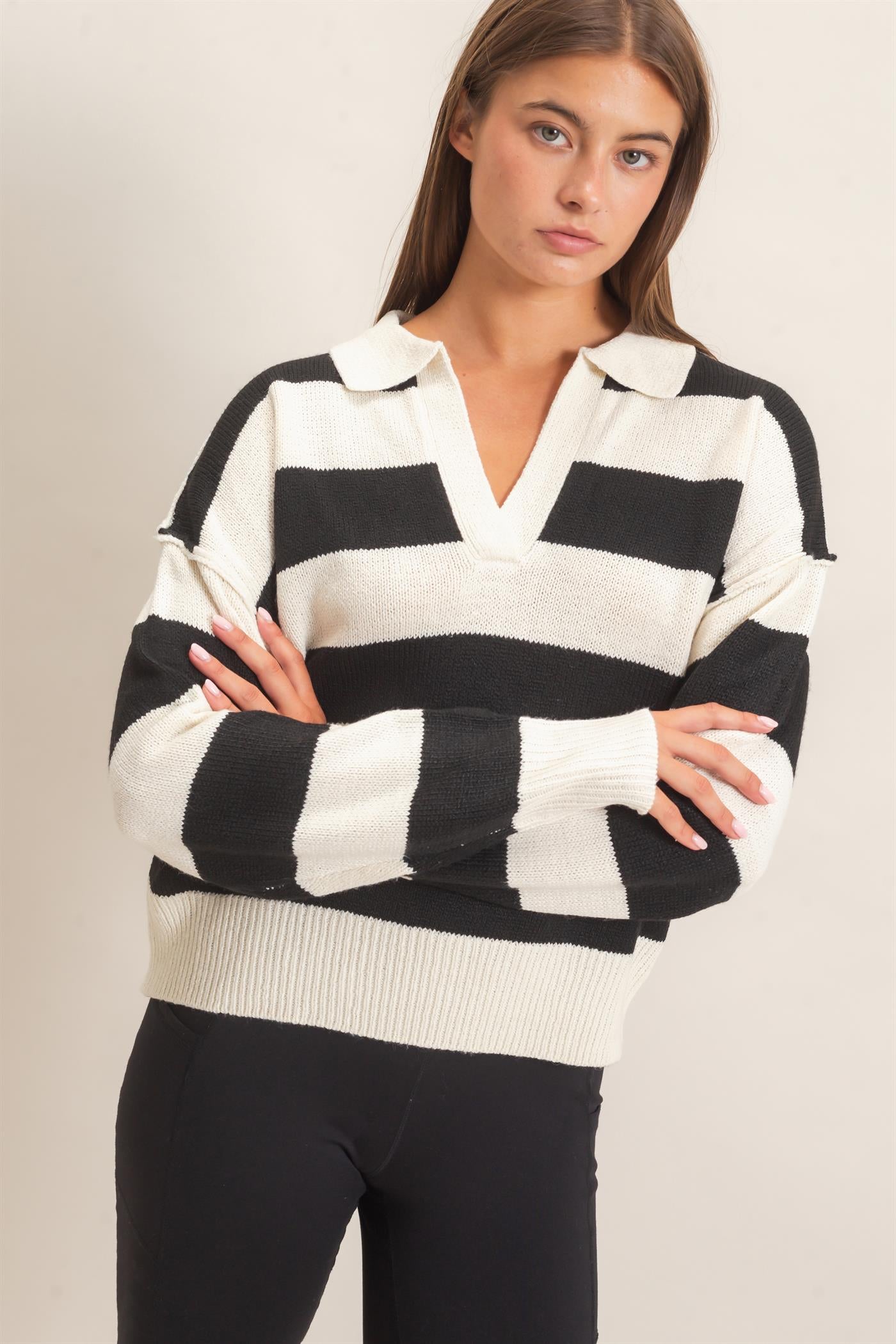 Wholesale Rugby Stripe Polo Sweater Sweaters DZ26E297 CREAM DOUBLE ZERO