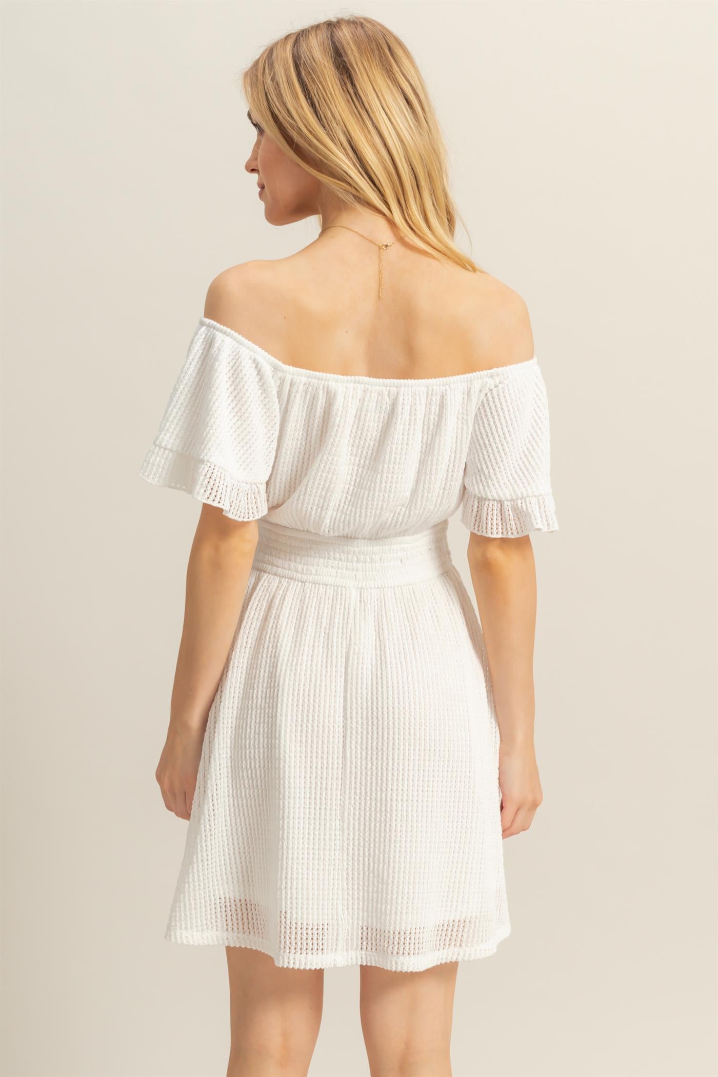 Wholesale Crochet Off-The-Shoulder Mini Dress Dresses HF25E125 WHITE HYFVE