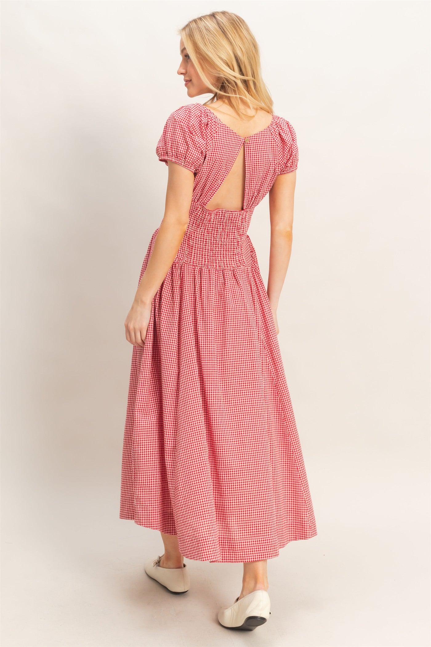 Wholesale Gingham Puff Sleeve Dress Dresses HF26A321 RED HYFVE