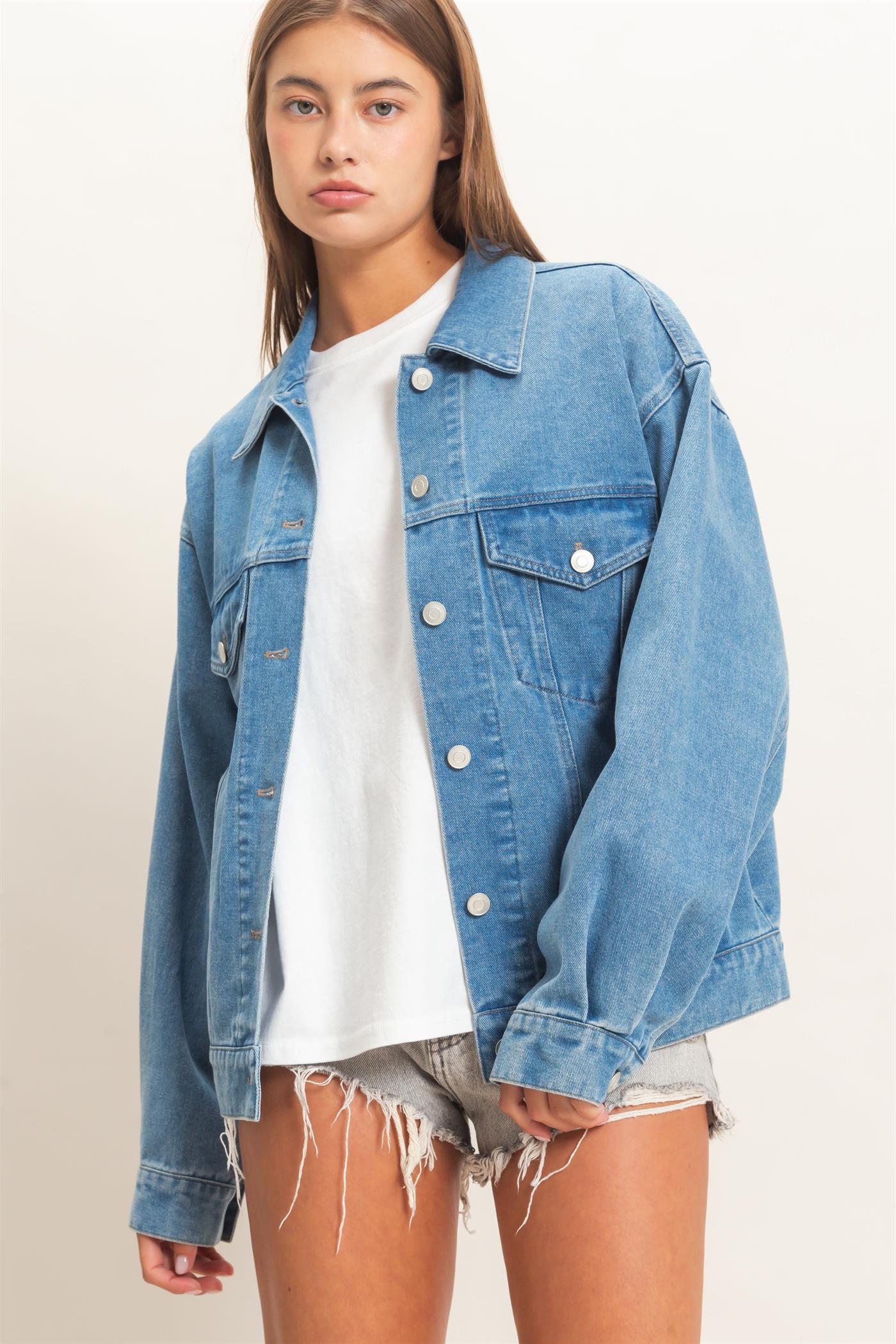 Wholesale Oversized Denim Trucker Jacket Coats & Jackets DZ26E804 MEDIUM BLUE DOUBLE ZERO
