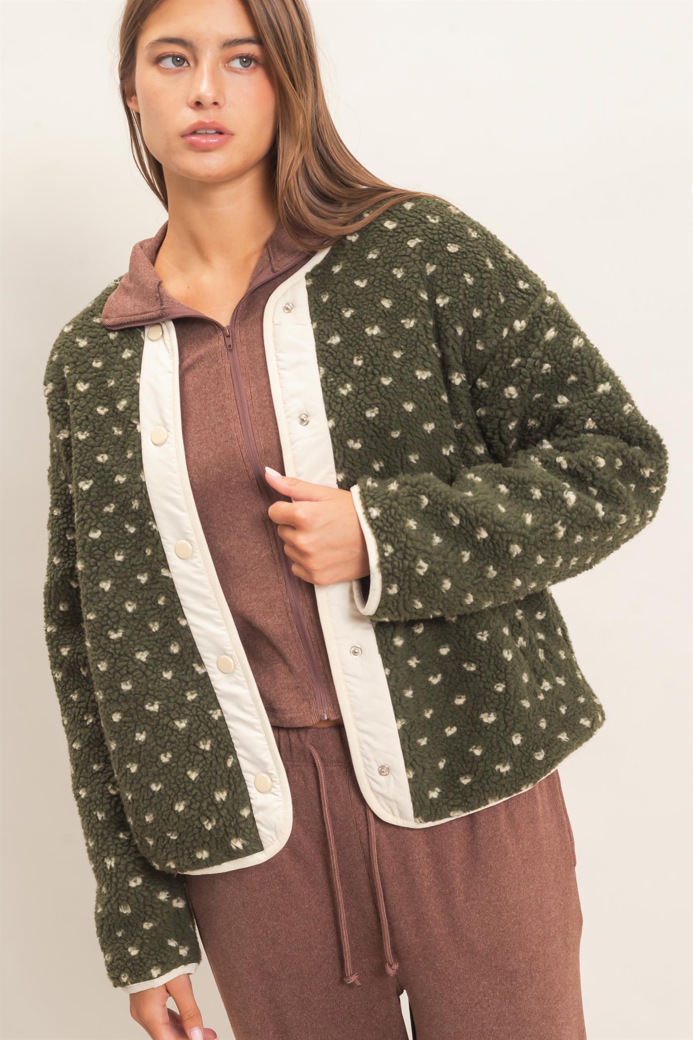 Wholesale Polka Dot Sherpa Jacket Coats & Jackets DZ26F160 DARK OLIVE DOUBLE ZERO