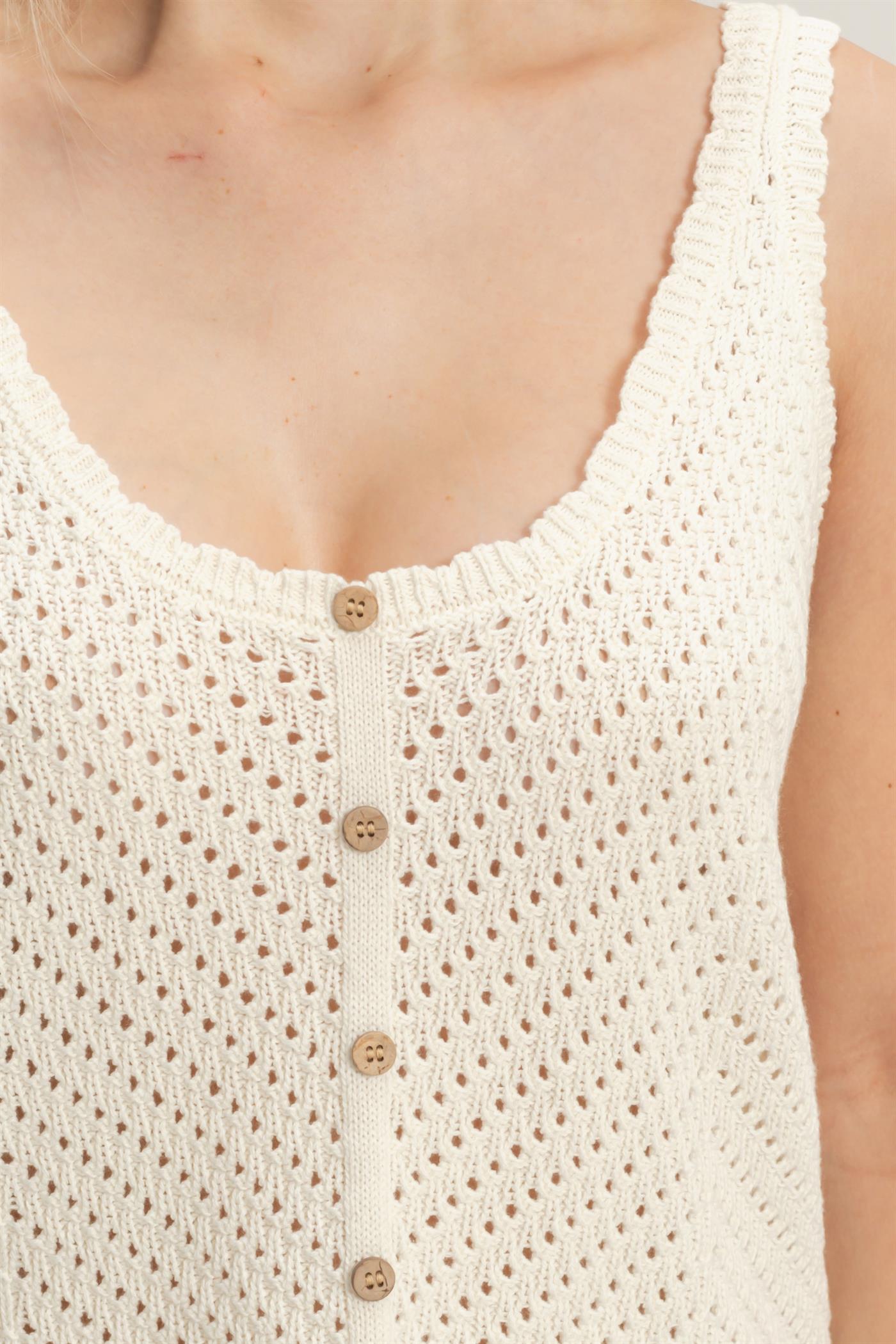 Wholesale Open Knit Scallop Edge Button Front Tank Top Tank Tops DZ26A221 CREAM DOUBLE ZERO