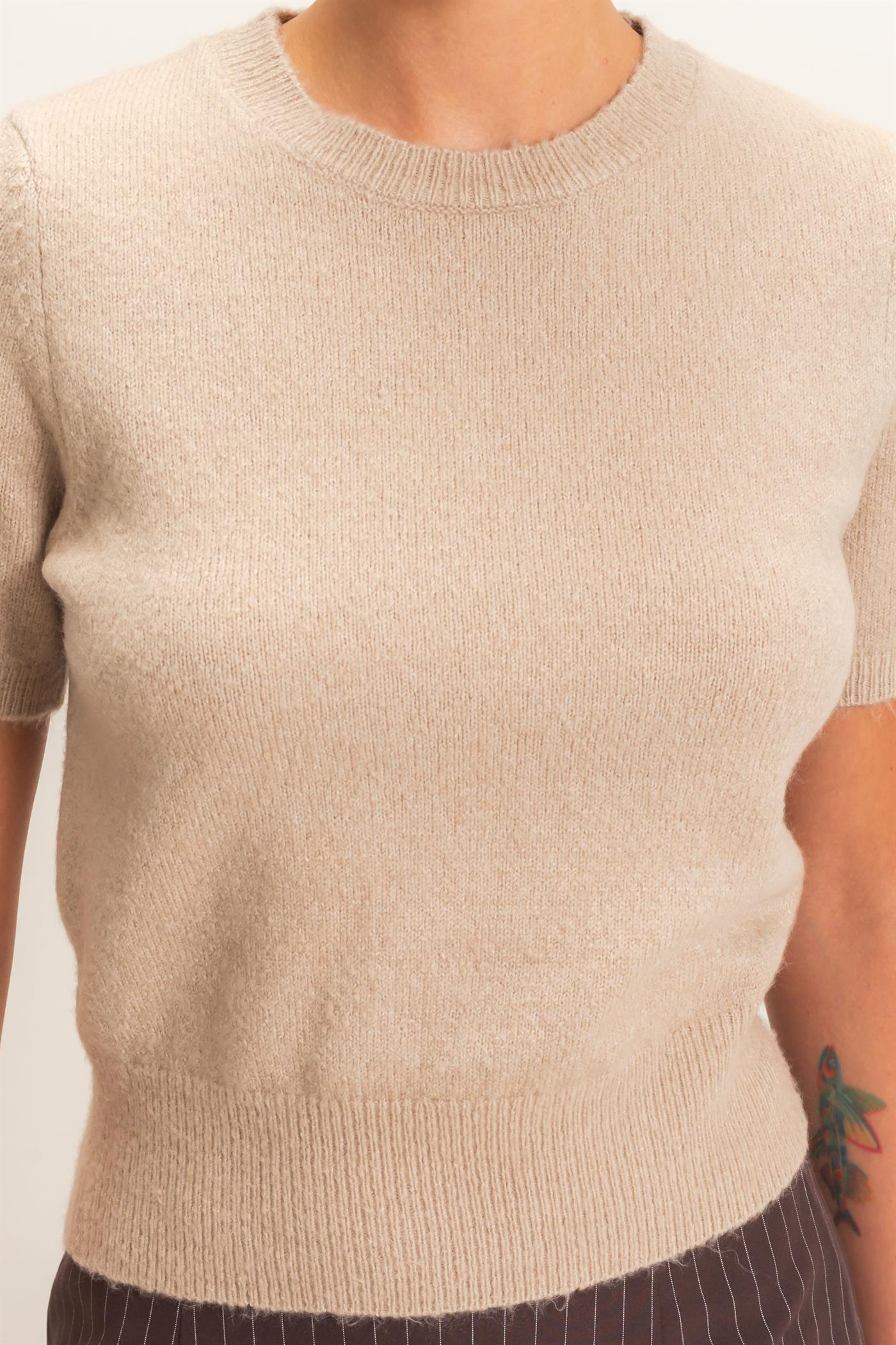 Wholesale Crew Neck Short Sleeve Knit Top Clothing Tops DZ26E944 TAUPE DOUBLE ZERO