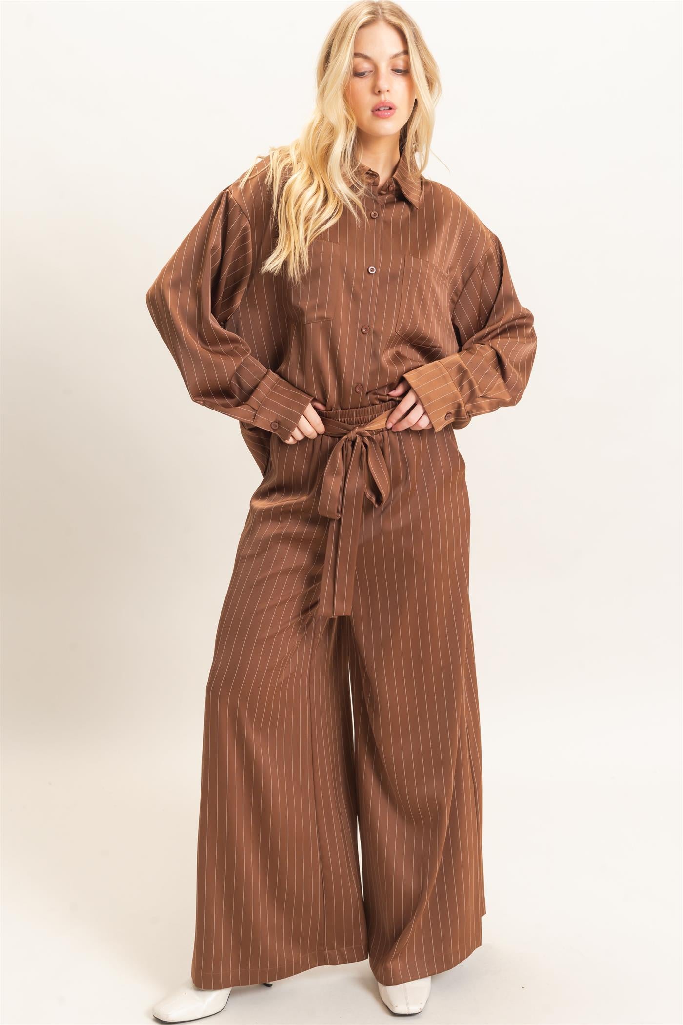 Wholesale Striped Button-Up Blouse Blouses HF26C953 CHOCOLATE HYFVE