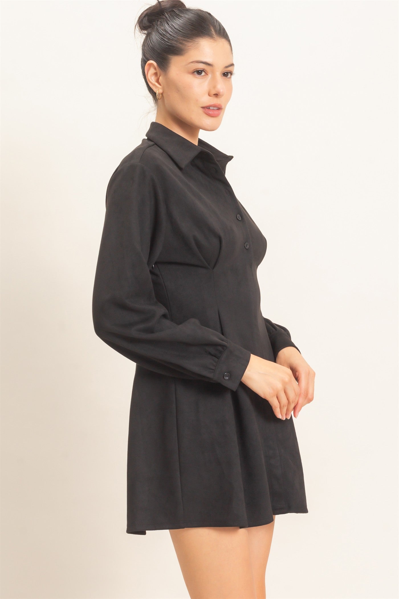 Wholesale Faux Suede Long Sleeve Shirtdress Dresses HF26F063 BLACK HYFVE
