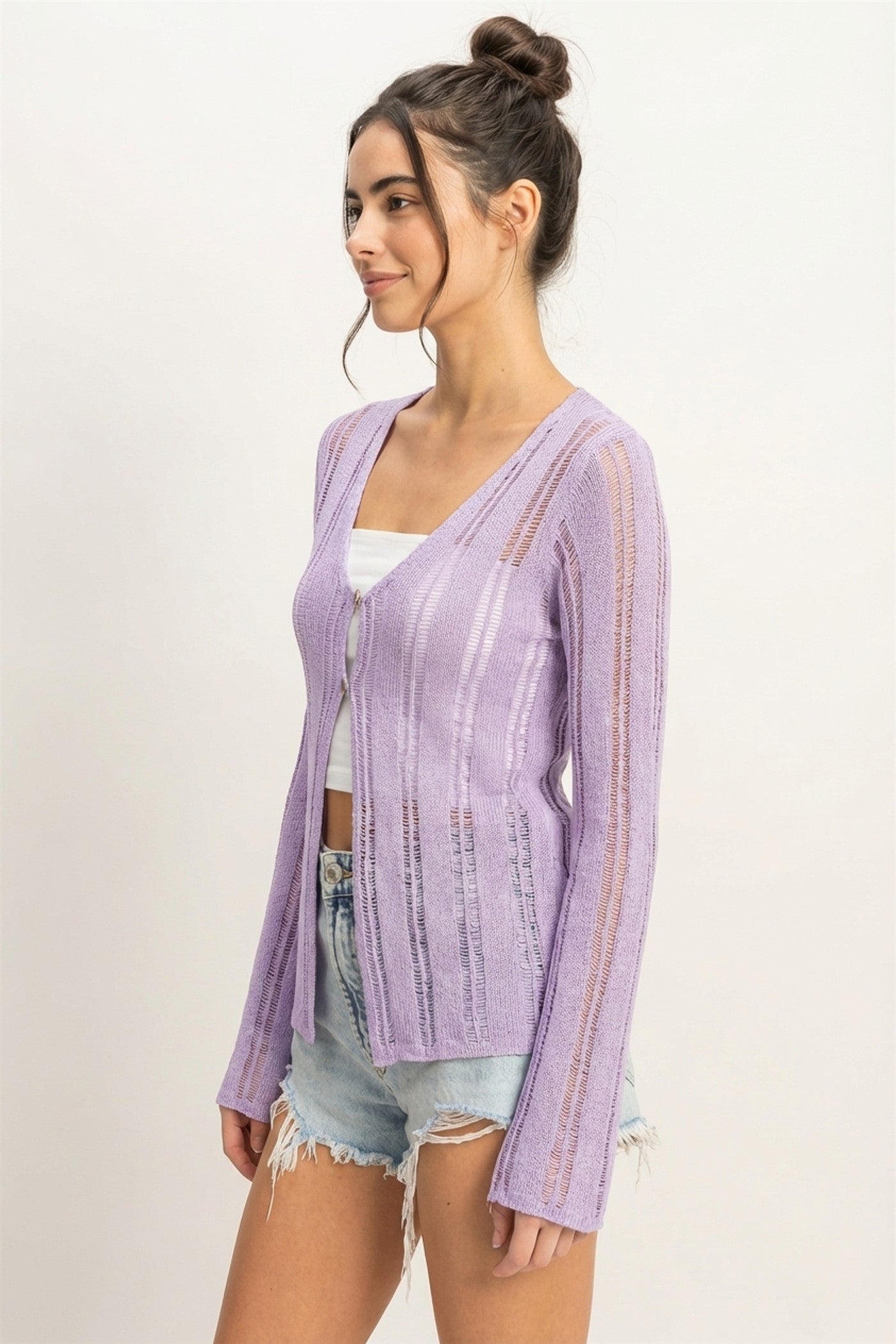 Wholesale Open Knit Cardigan Clothing Tops DZ24A501 LAVENDER DOUBLE ZERO