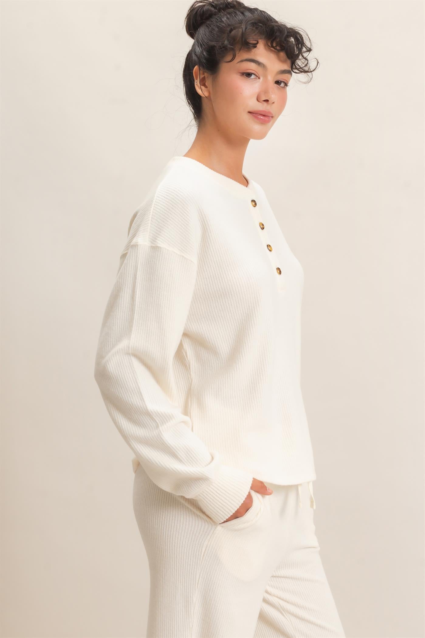 Wholesale Brushed Waffle Henley Top Clothing Tops DZ26F314 CREAM DOUBLE ZERO