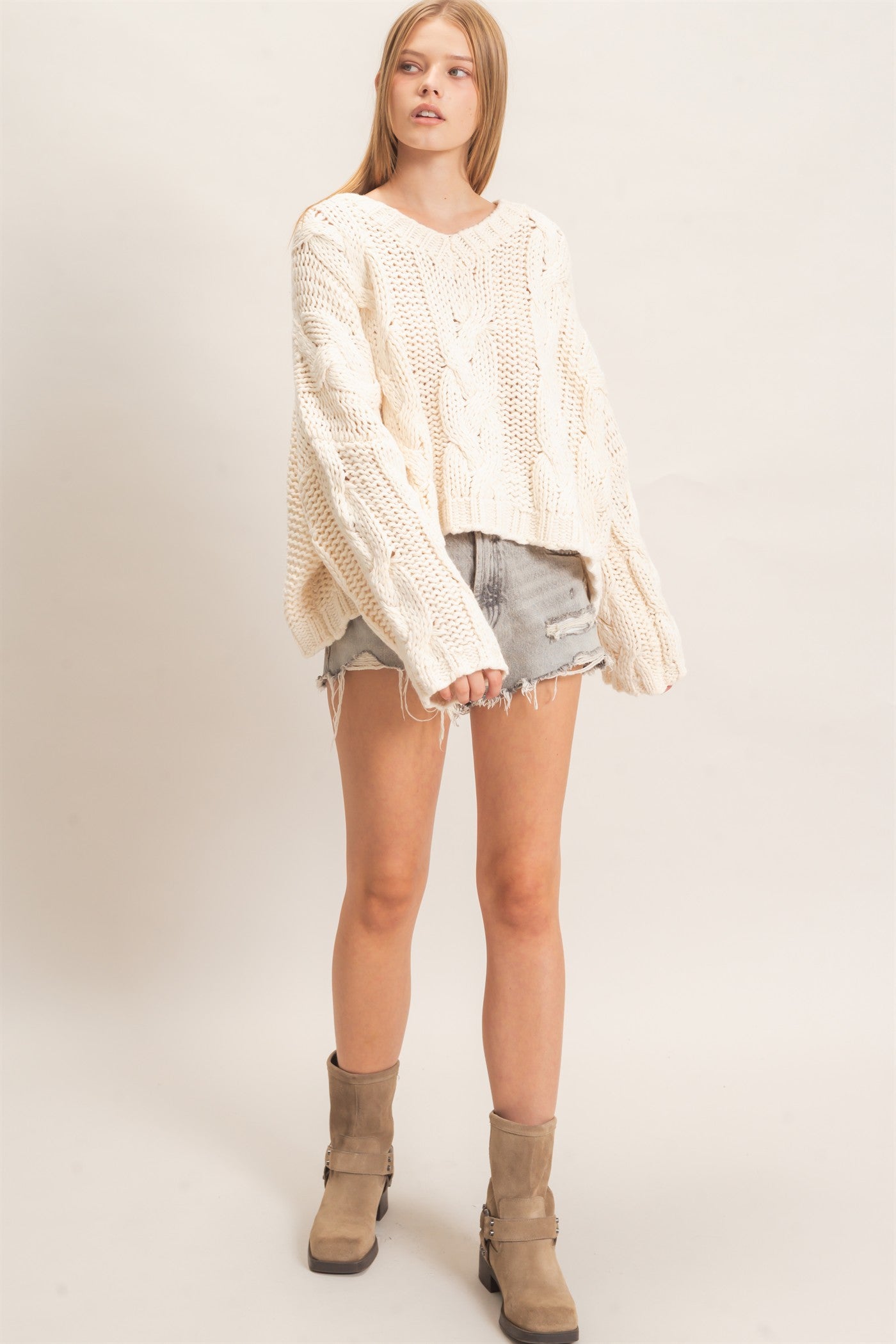 Wholesale Cable Knit V-Neck Sweater Sweaters HF26F175-D CREAM HYFVE