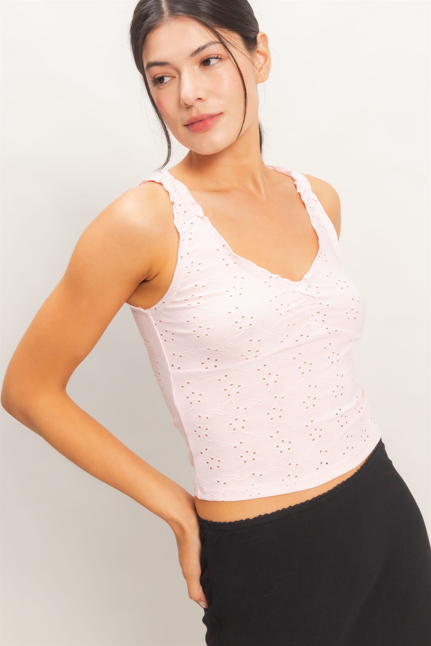 Wholesale Ruched Eyelet Knit Tank Tank Tops HF26C141 PINK HYFVE